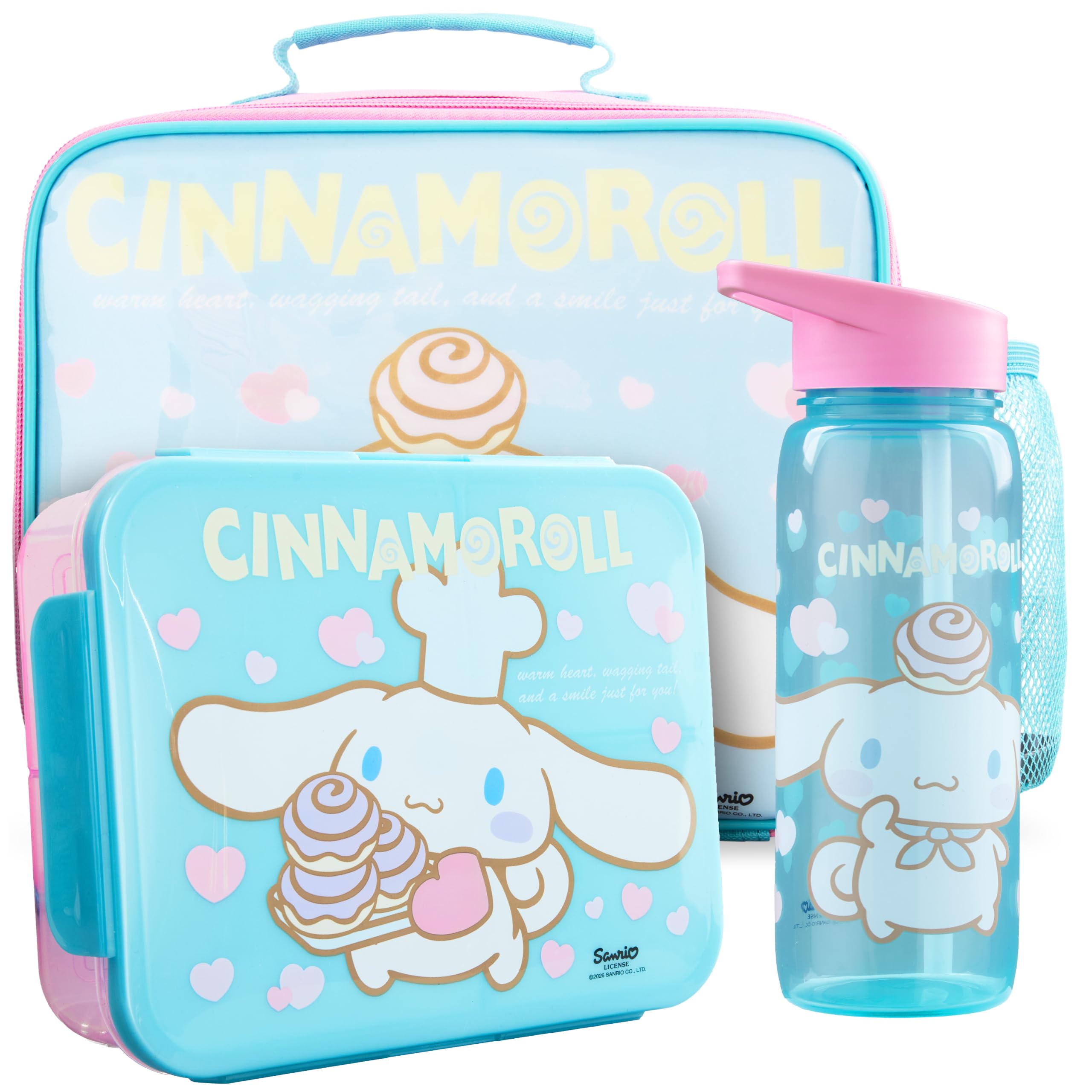 Get Trend Cinnamoroll Sanrio Girls Insulated Lunch Bag Set, 3Pcs BPA-Free Bento Lunch Box, 640ml Water Bottle with Straw & Food Carrier Bag, School Supplies Girls Gifts (Light Blue/Pink Cinnamoroll)
