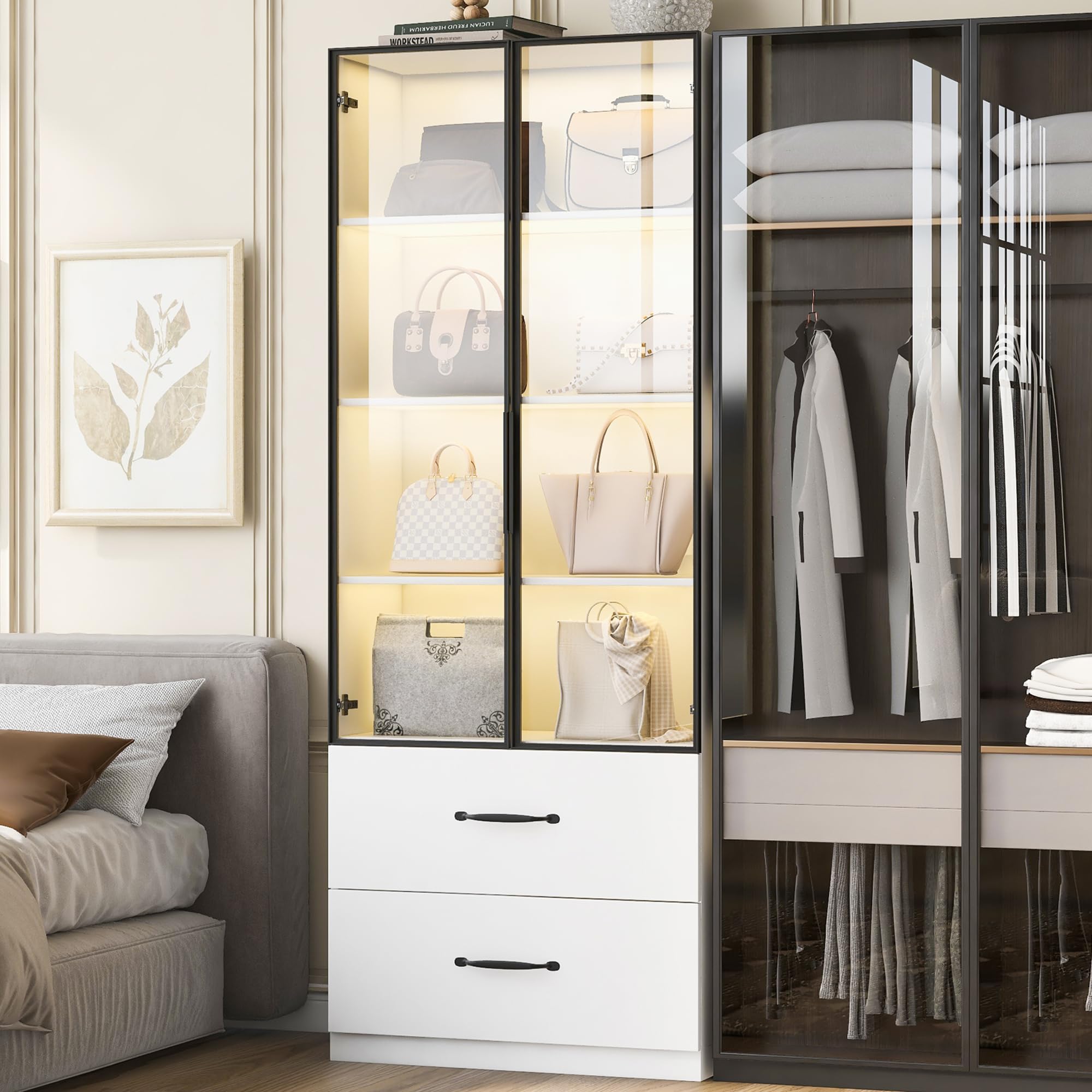 Vitrina de 60 × 40 × 160 cm, vitrina de cristal blanco, estantería y armario multifunción con cajones, con marco de aluminio, puertas de vidrio templado y bisagras de cierre suave