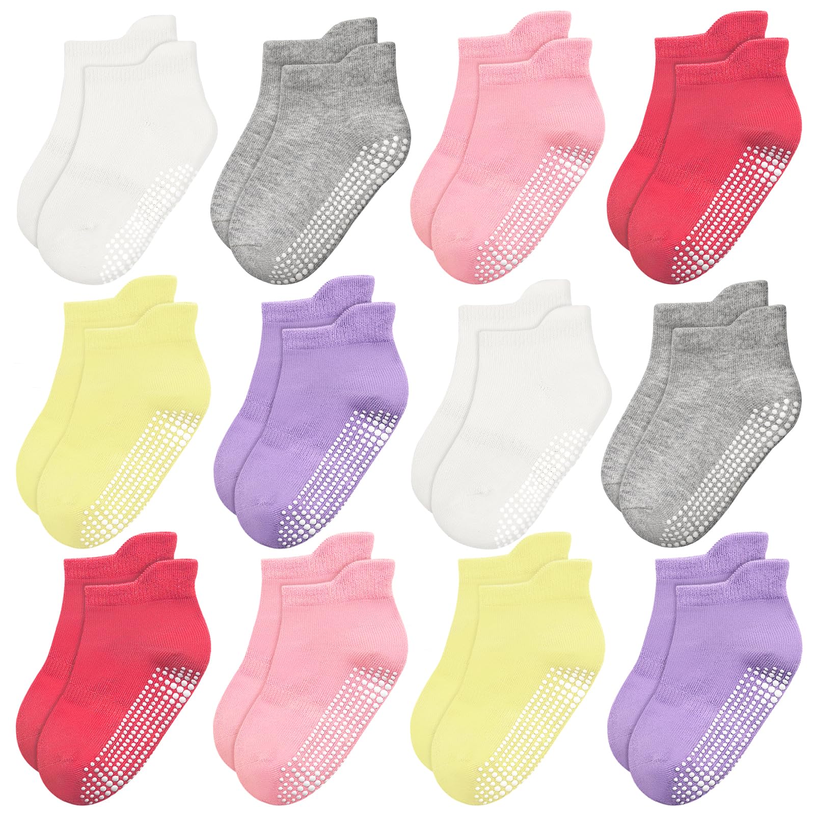 ELUTONG Antirutsch Socken Kinder，12 Paar Stoppersocken Kinder Baumwolle Rutschfeste Socken für 3-5 Jahre Jungen Mädchen（weiß,rot,grau,lila,gelb,rosa）