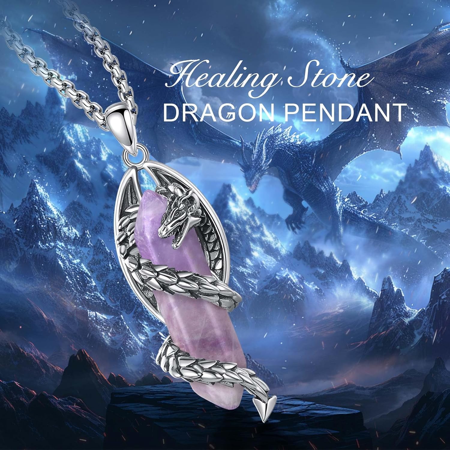 Vito Dragon Necklace for Women Men, Hexagonal Prism Obsidian/Rose Quartz/Lapis Lazuli/Amethyst/Turquoise Healing Crystal Energy Amulet Protection Jewelry Gift, 20"+2" - Image 9