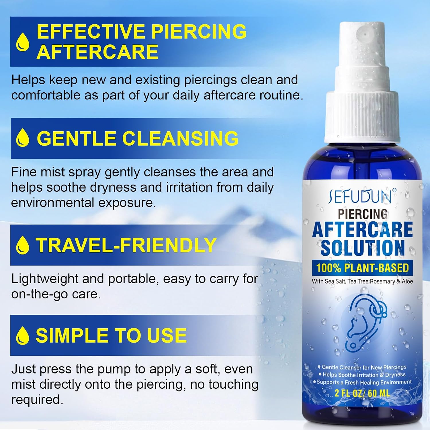 Piercing Aftercare Spray, Saline Solution for Piercings, Keloid Bump Removal & Smoothing Cleansing Piercing Aftercare Solution for Ear Belly Nose, 2 FL OZ