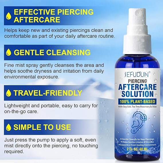 Piercing Aftercare Spray, Saline Solution for Piercings, Keloid Bump Removal & Smoothing Cleansing Piercing Aftercare Solution for Ear Belly Nose, 2 FL OZ