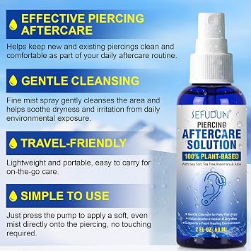 Piercing Aftercare Spray, Saline Solution for Piercings, Keloid Bump Removal & Smoothing Cleansing Piercing Aftercare Solution for Ear Belly Nose, 2 FL OZ
