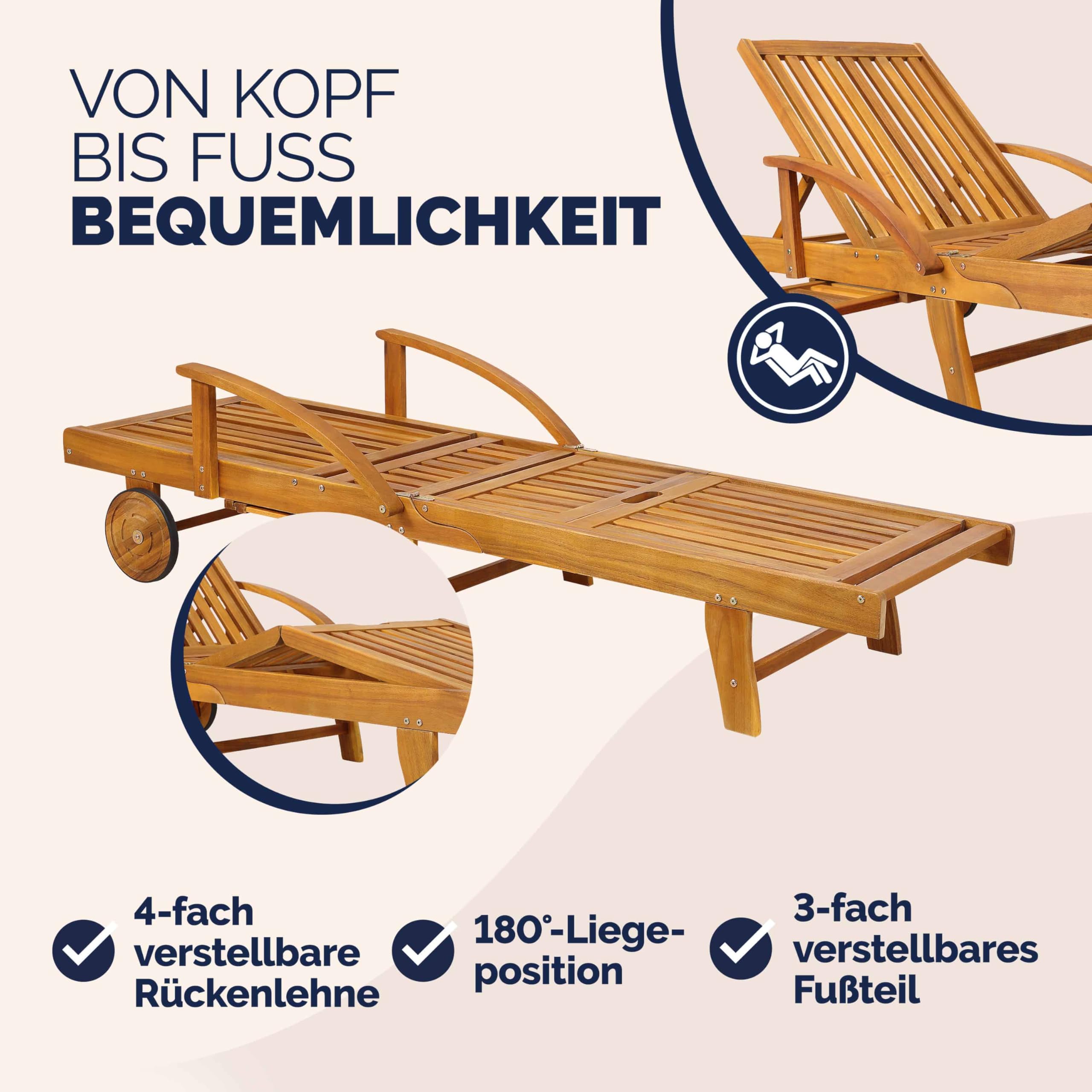 Casaria® Sonnenliege Klappbar Wetterfest Holz Gartenliege 160kg Belastbar mit 2 Räder Ablage Tisch Liegestuhl Verstellbare Rücken- Fußlehne Garten 196cm