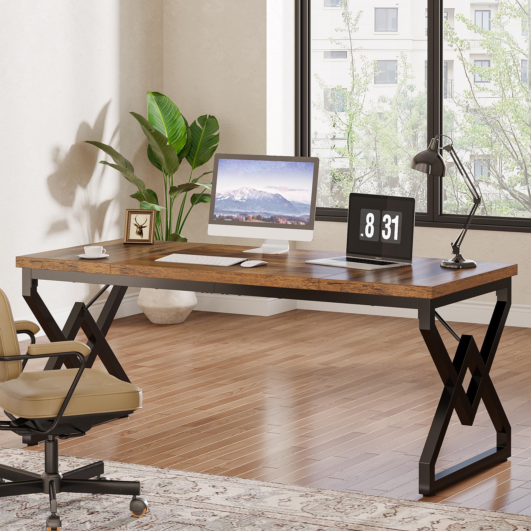Tribesigns Escritorio Executivo con Mesa de Madera Extra Gruesa y Marco Metálico, 63 Pulgadas para Oficina en Marrón Rustico