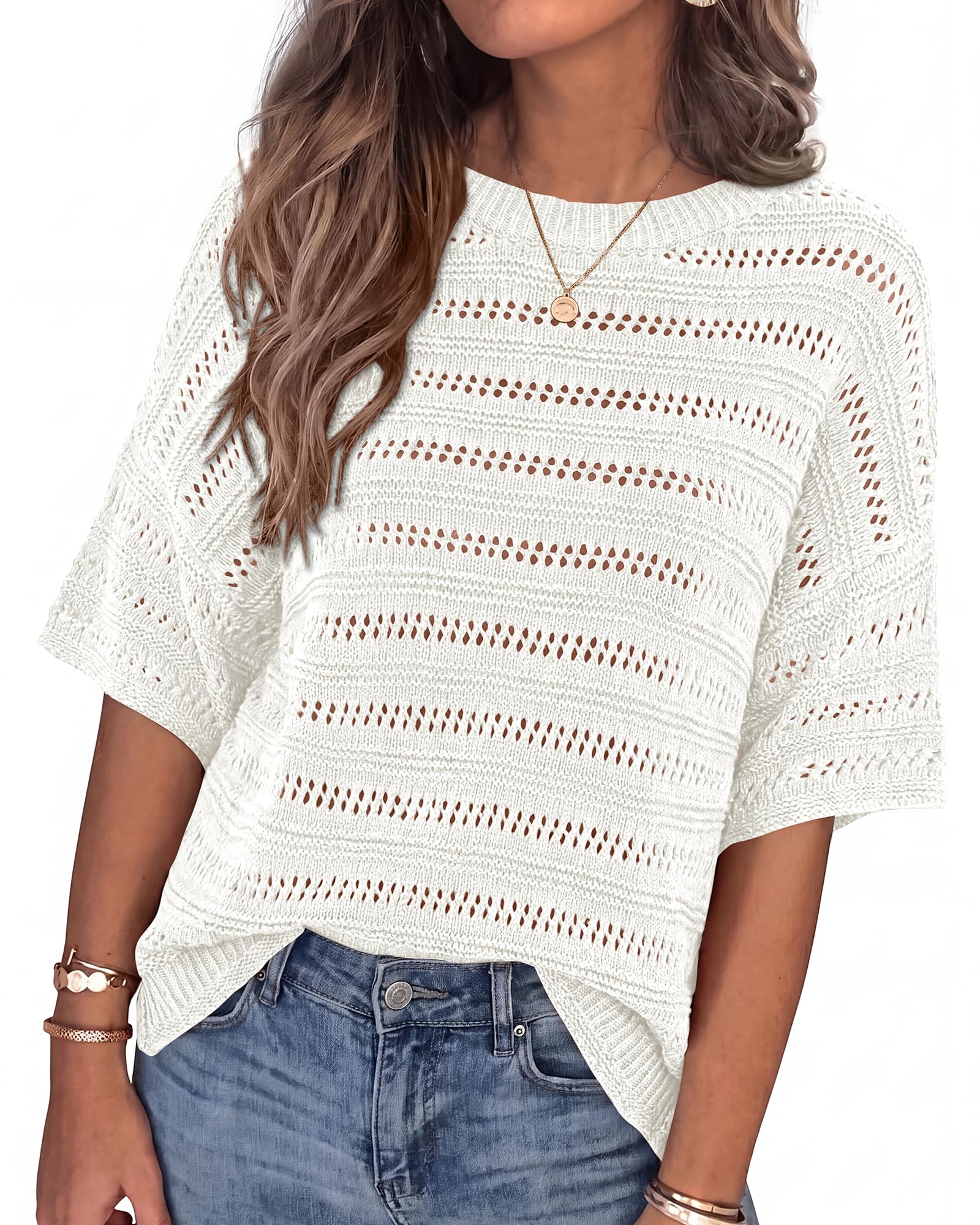 Crochet Tops for Women Oversized Short Sleeve Sweater Lightweight Knit Pullover 2026 Summer Clothes Spring Outfits-image-43