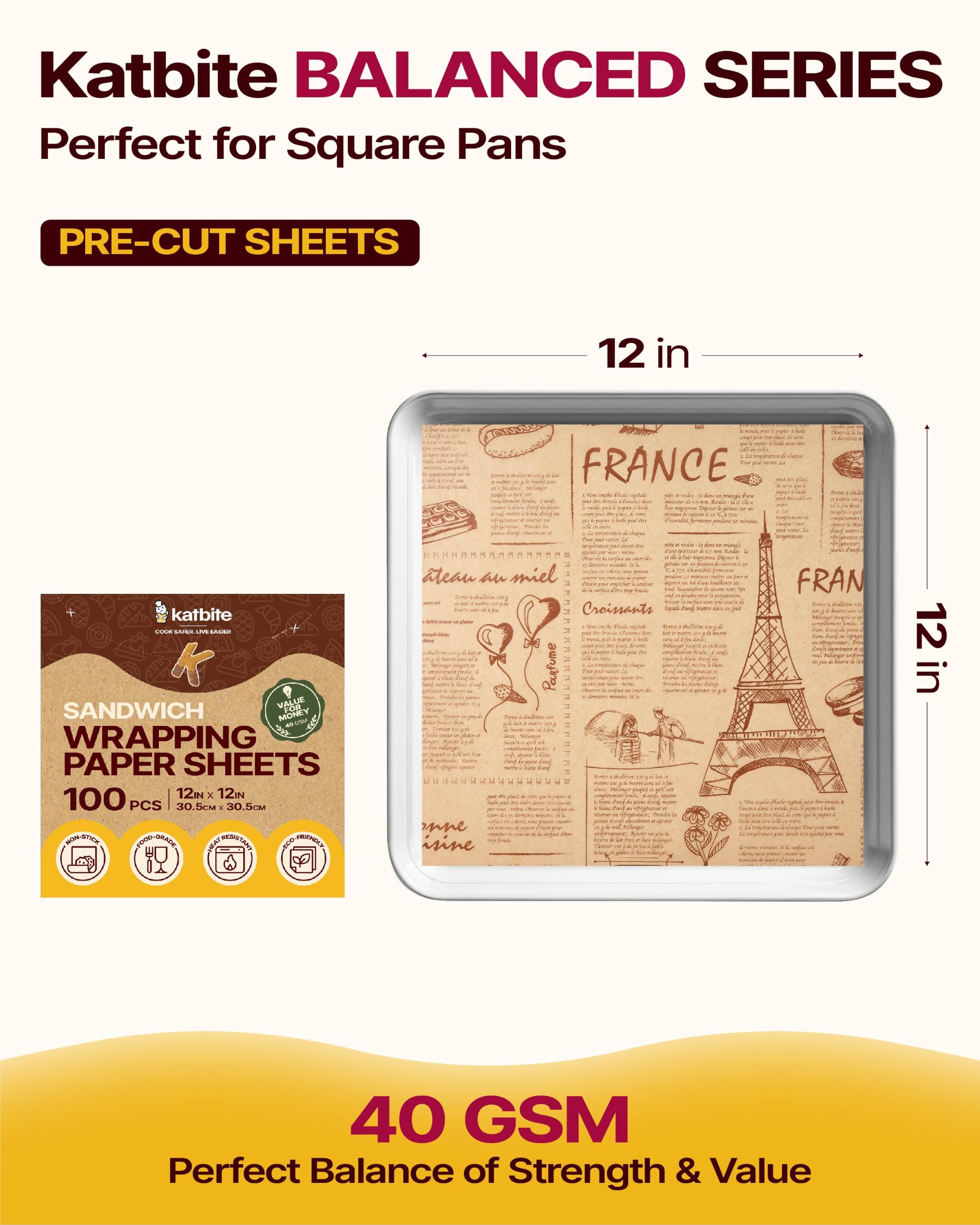 Katbite Lot de 100 feuilles de papier cadeau pour sandwich, Deli - 30,5 x 30,5 cm - Papier sulfurisé résistant à la graisse et anti-adhésif - Parfait pour la maison, le pique-nique, l'emballage, le