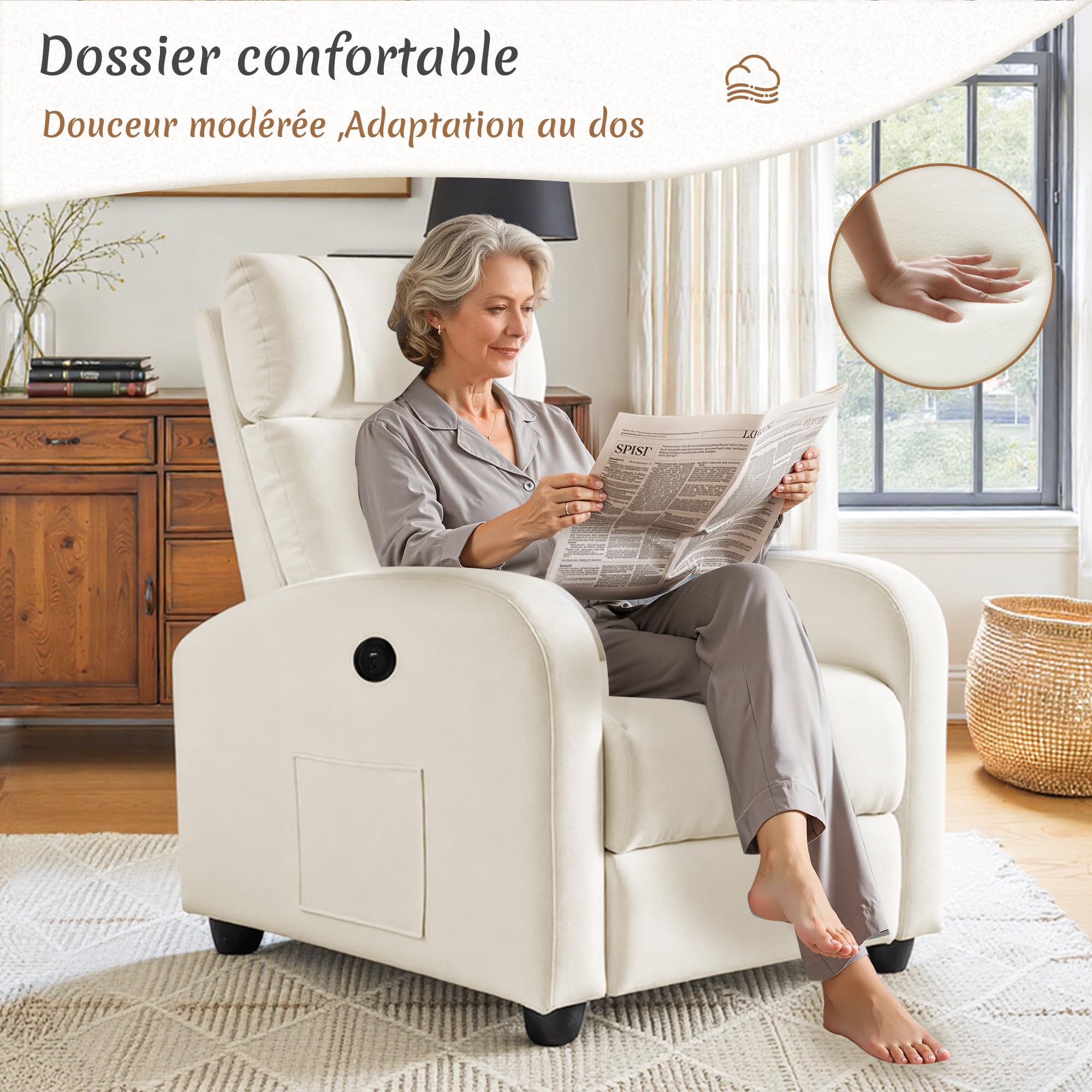 BonVoche Fauteuil Relax, Fauteuil Détente avec Ports de Chargement USB & Type-C, Dossier et Footstool Réglables, Siège Individuel pour Salon, Chambre, Bureau, Tissu Lin, Beige