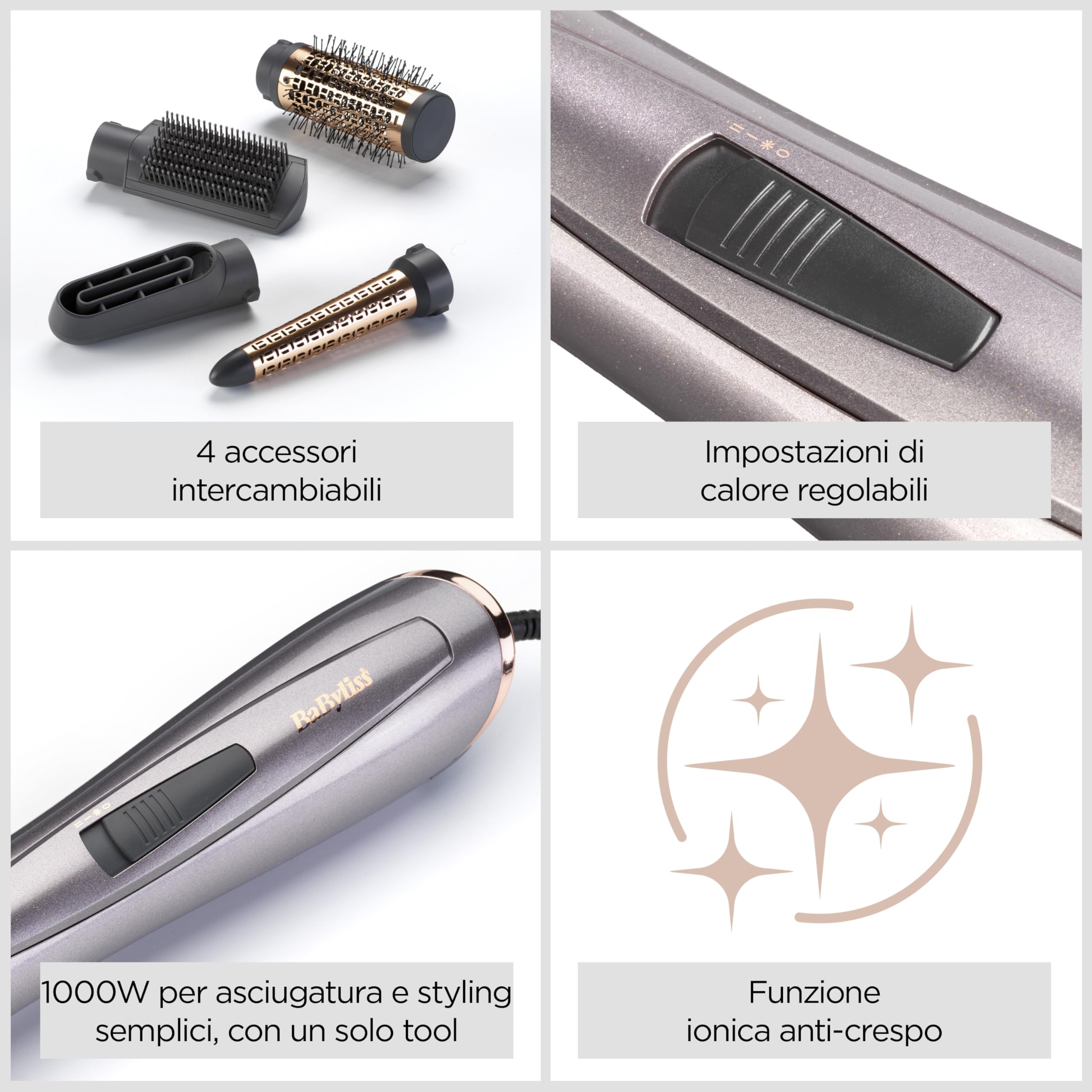 BaByliss Air Style 1000, Spazzola ad aria 4 accessori intercambiabili, asciuga, liscia, dona volume, modella, funzione ionica anti-crespo, grigio & bronzo, AS136E