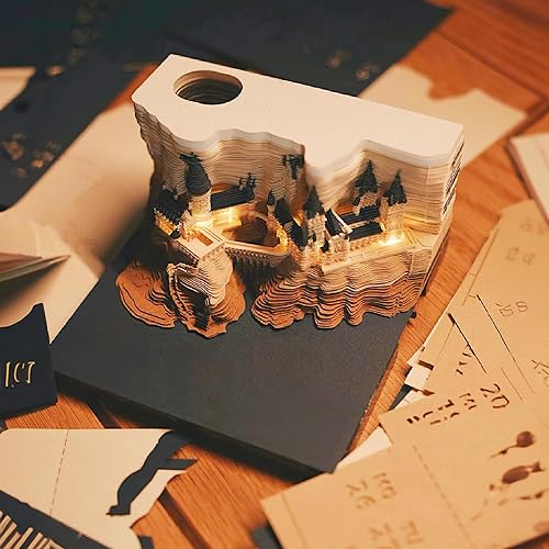 Miniatura 3 de MACTANO Calendario de arte 3D, bloc de notas 2024, calendario creativo de piezas de tiempo, castillo mágico, rasga, tallado en papel, nota adhesiva