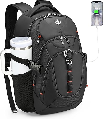 Swissdigital Mochila de diseño para laptop con puerto de carga USB, mochila de viaje para computadora de 15.6 pulgadas, mochila escolar