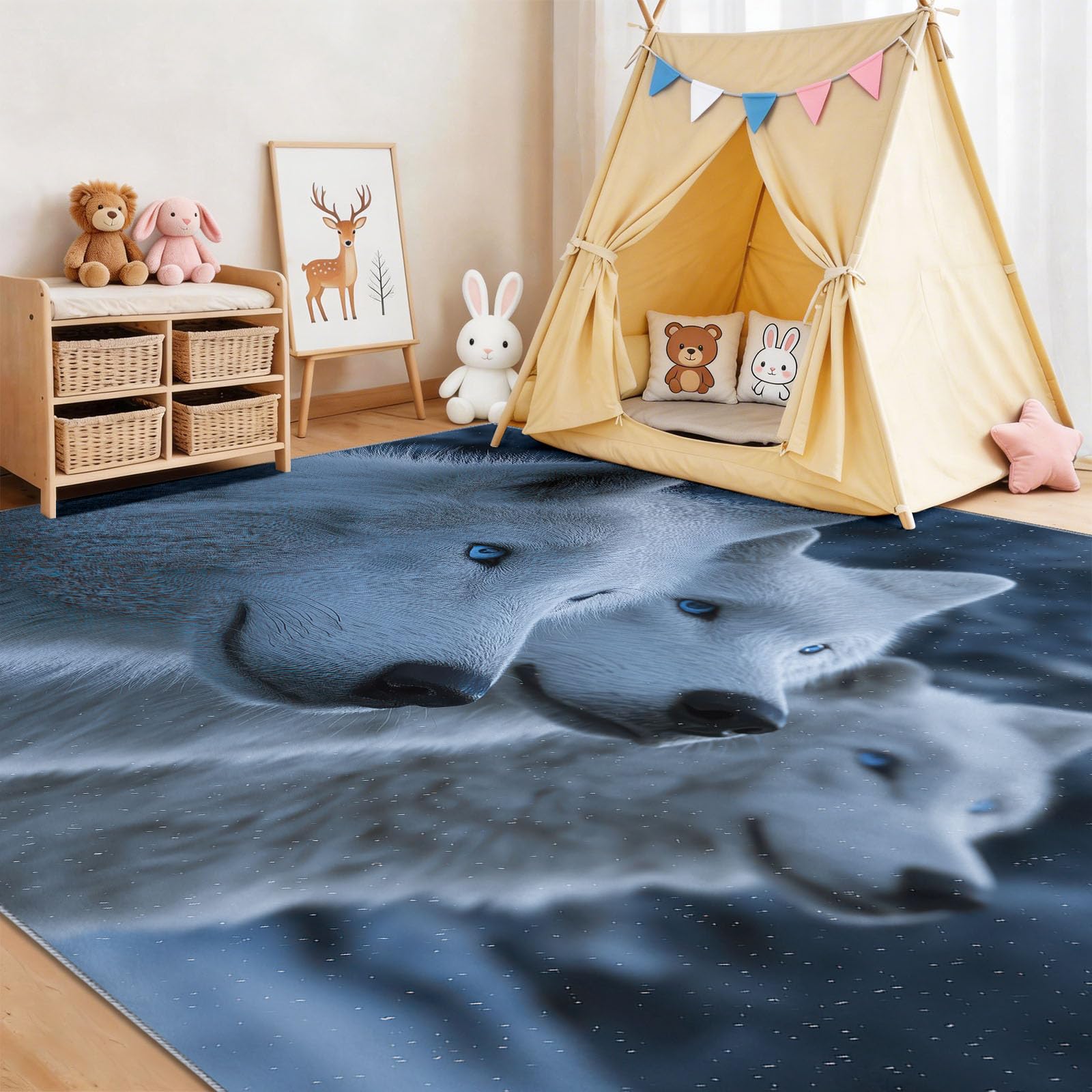 Tappeto per la cameretta dei bambini, motivo: lupo mitico nella pineta, tappeto lavabile, antiscivolo, a pelo basso, morbido, idea regalo, 80 x 150 cm, bianco