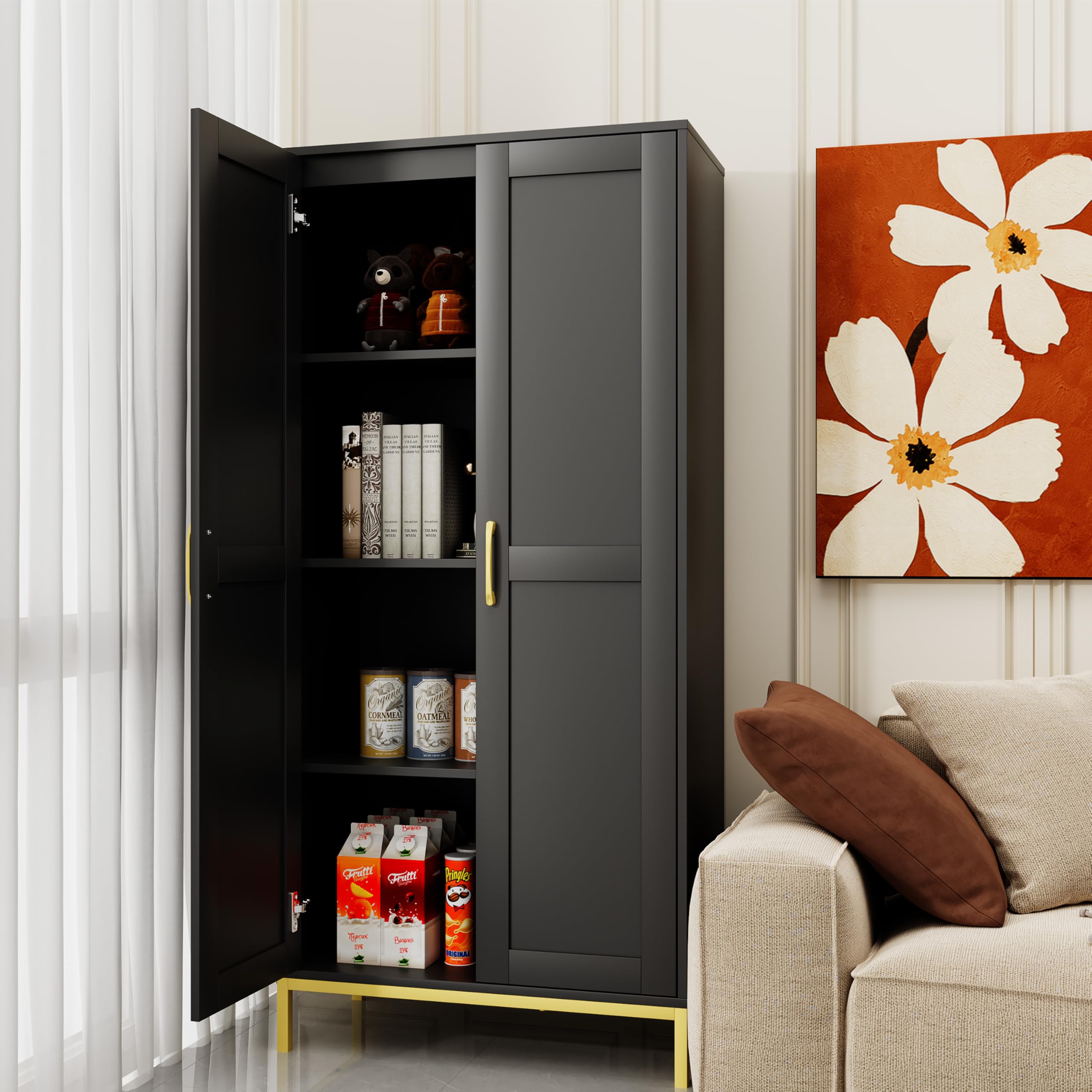 Storage Cabinet, Kitchen Pantry Cabinet with 2 Doors & Adjustable Shelves, Tall Storage Cabinet for Laundry Room, Living Room, Entryway,Bathroom,Black