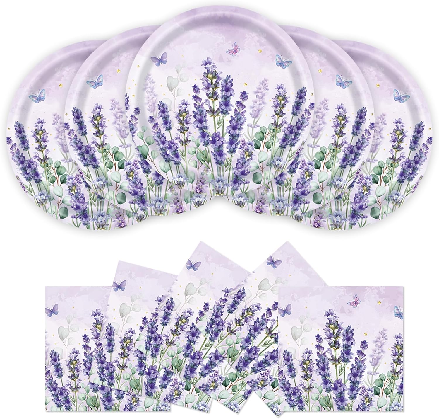 40Pcs Purple Party Lavender Paper Plates & Napkins-Watercolor Floral Cake Dessert Tableware Butterfly Floral Lavender Birthday Dinnerware for Girl Baby Shower Birthday Party Baby Shower Decor Serve 20