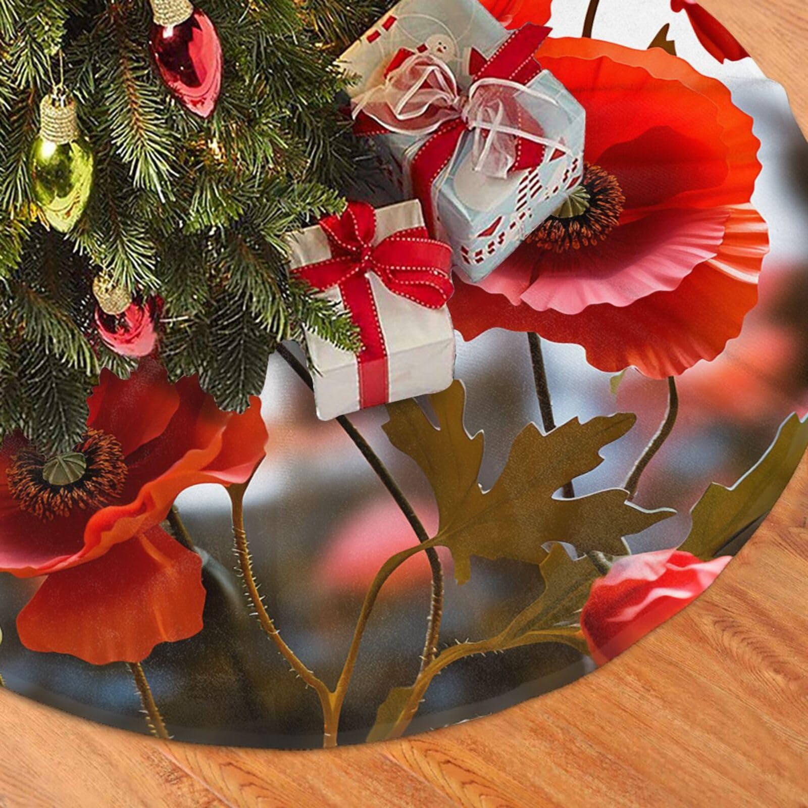 Fodpand Black Poppy Flowers Vivid Petals Christmas Tree Skirt 36" Velvet Xmas Tree Skirt Mat Rustic Christmas Tree Mat Cover Winter Xmas Tree Collar For Indoor Outdoor Christmas Decorations