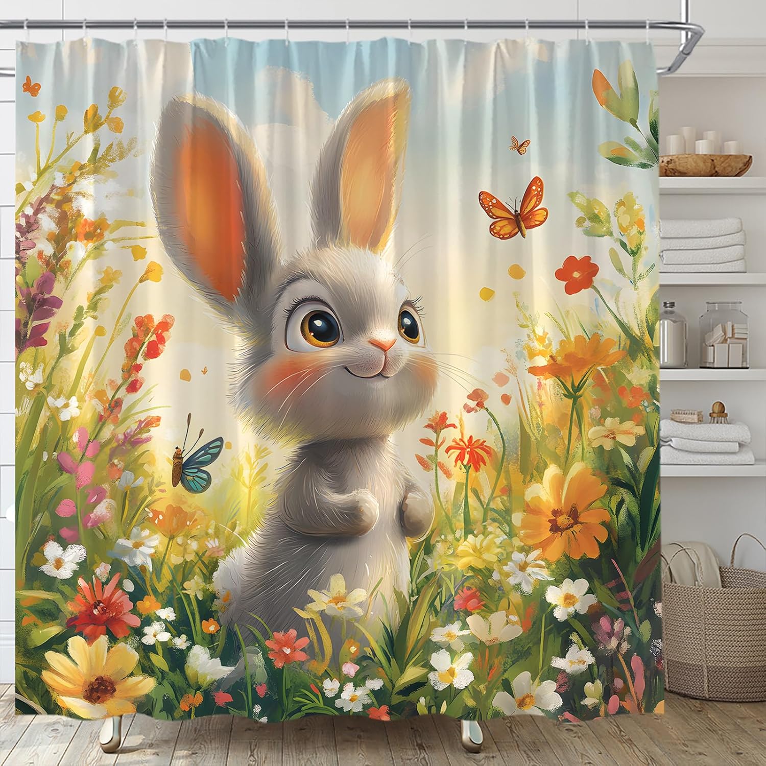 Spring Bunny Shower Curtain Easter Rabbit Watercolor Flower Butterfly Rustic Garden Farmhouse Floral Bathroom Curtain Fabric with Hooks(70" Wx84 H)