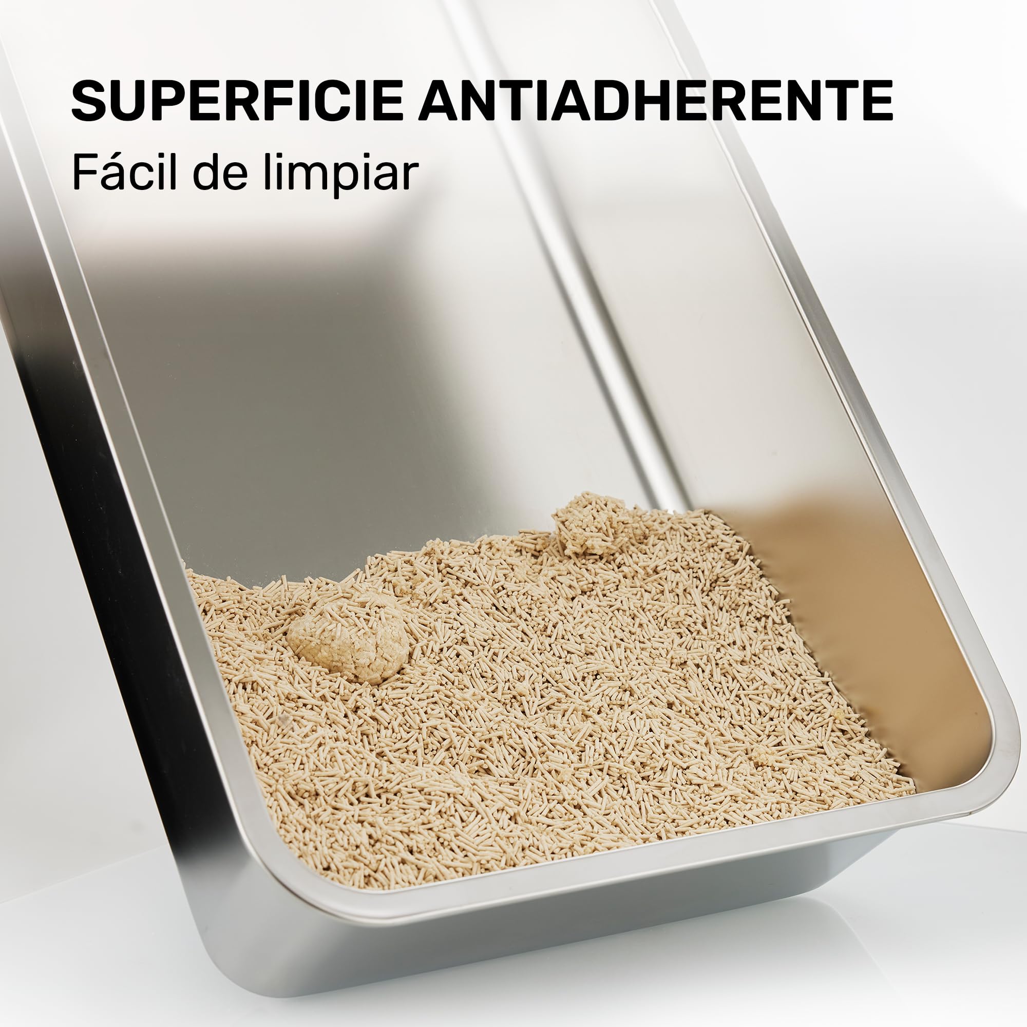 FUKUMARU Arenero para Gatos de Acero Inoxidable XXL, Paredes Altas, Gran Capacidad de 30L, con Dos Bolsas de Arena para Gatos de Tofu, No Adhesivo, Fácil de Limpiar, Incluye Pala, 60x40x30cm