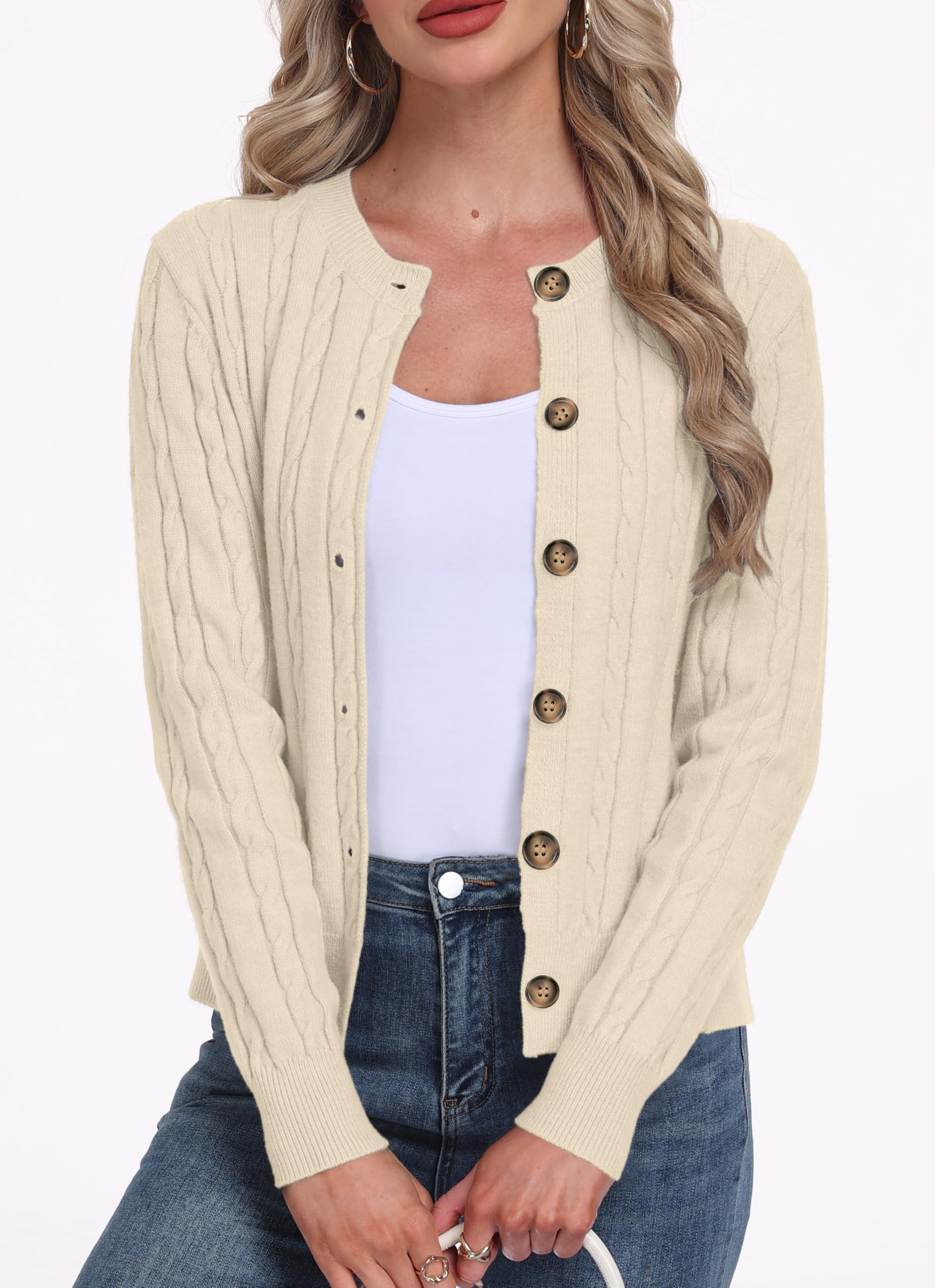 GRECERELLE Cardigan doux à manches longues pour femme - Pull à col rond - Cardigan décontracté en tricot avec boutons pour femme - Automne et hiver