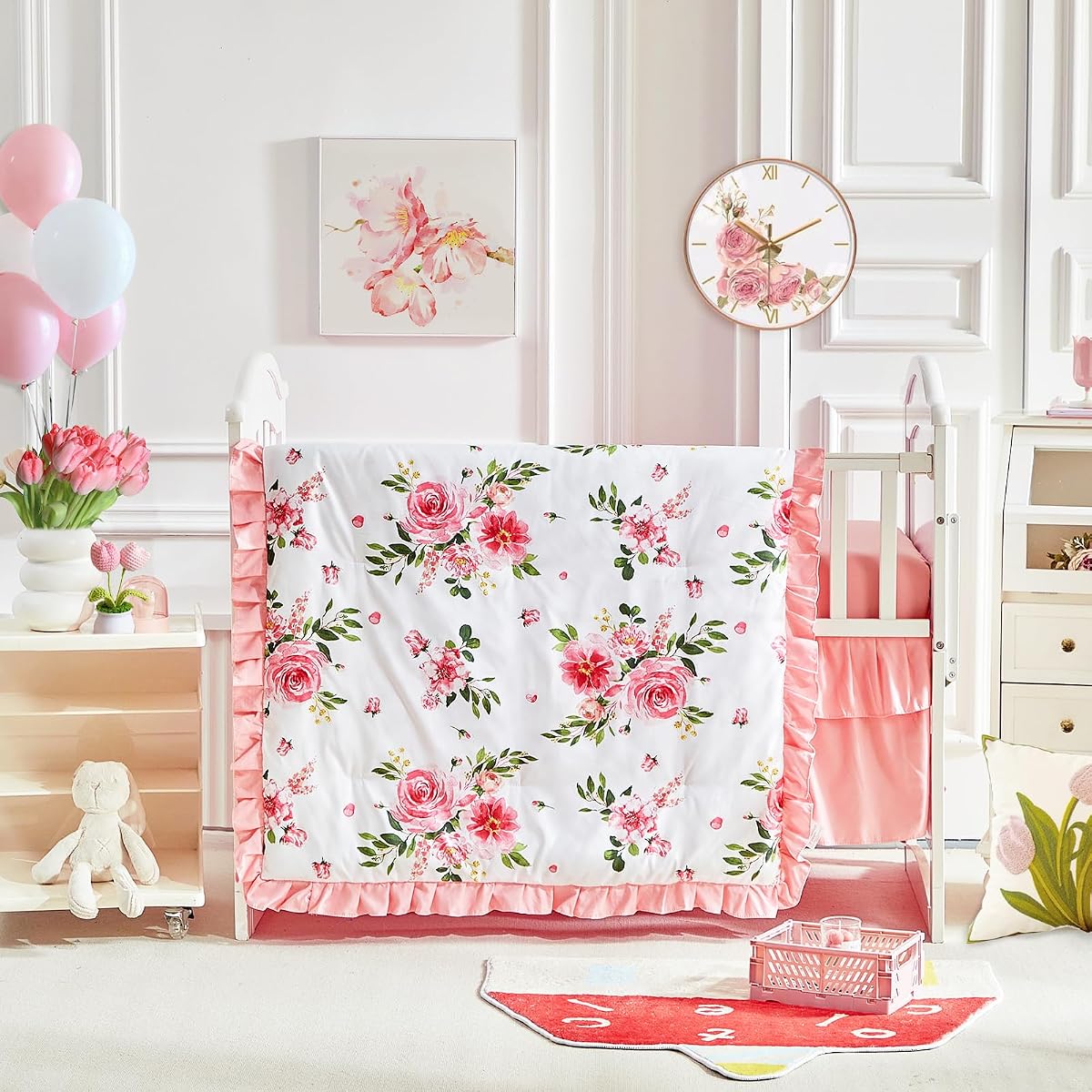 Juego de ropa de cama para cuna de 3 piezas, edredón acolchado con volantes para bebé, sábana bajera ajustable y falda de cama, ropa de cama para bebé Shabby Chic con volantes, manta suave con diseño floral