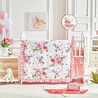 Uozzi Bedding 3-Piece Ruffled Floral Crib Bedding Set - Pink Flowers Quilted Comforter, Fitted Sheet & Bed Skirt, Shabby Chic Baby Nursery