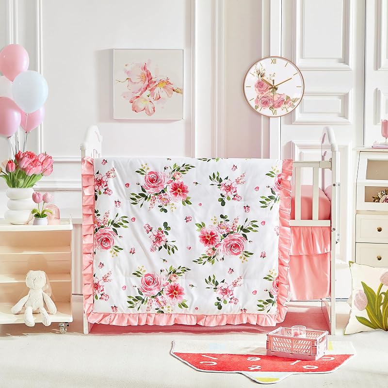 Juego de ropa de cama para cuna de 3 piezas, edredón acolchado con volantes para bebé, sábana bajera ajustable y pollera de cama, ropa de cama para bebé Shabby Chic con volantes, manta suave con diseño floral