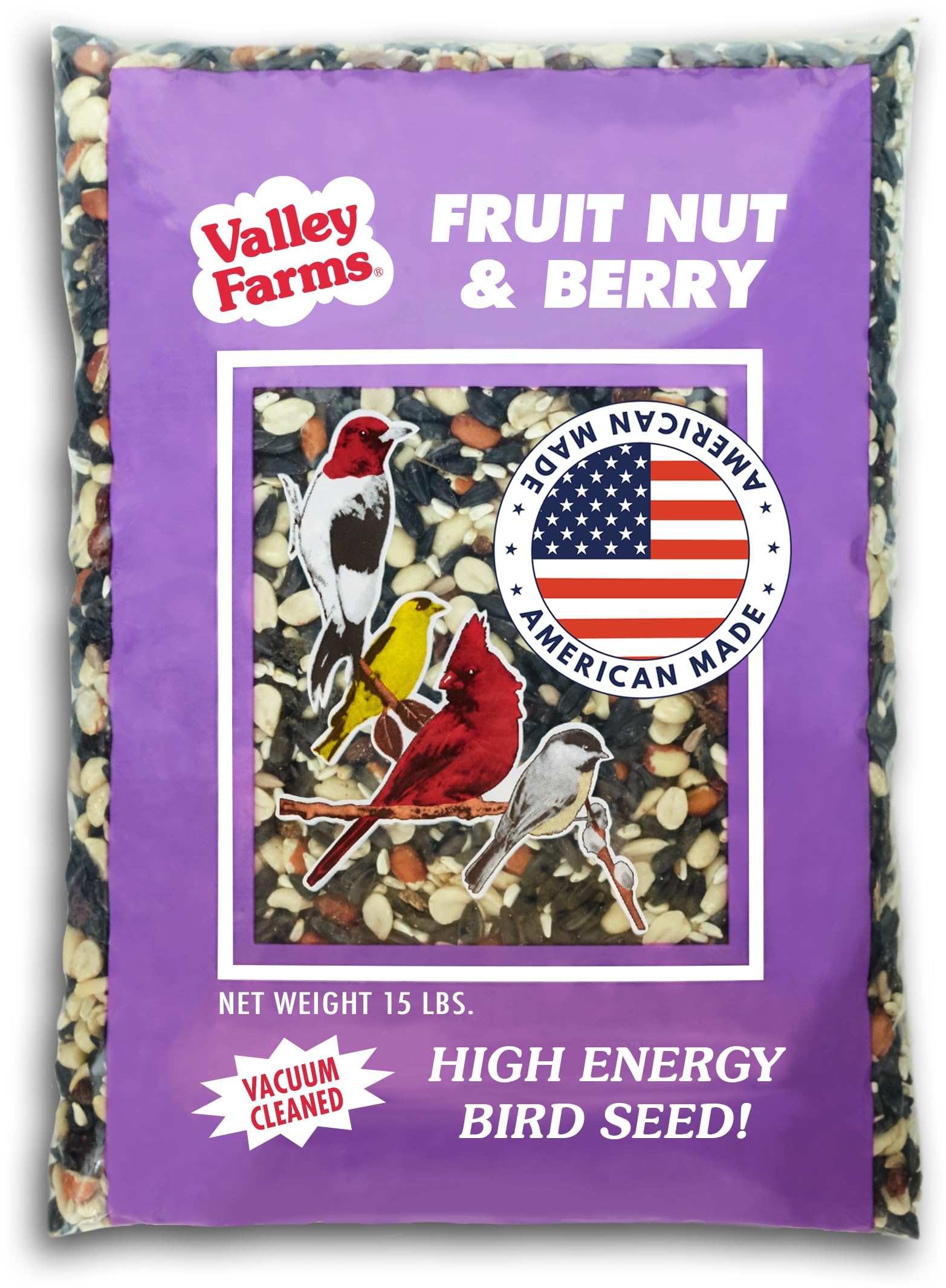 Valley Farms Fruit Nut & Berry Wild Bird Food for Outside Feeders, Bird Seed with Dried Fruit, Peanuts, Sunflower, and Safflower, High Energy Mix for Healthy Birds! (15 LBS)
