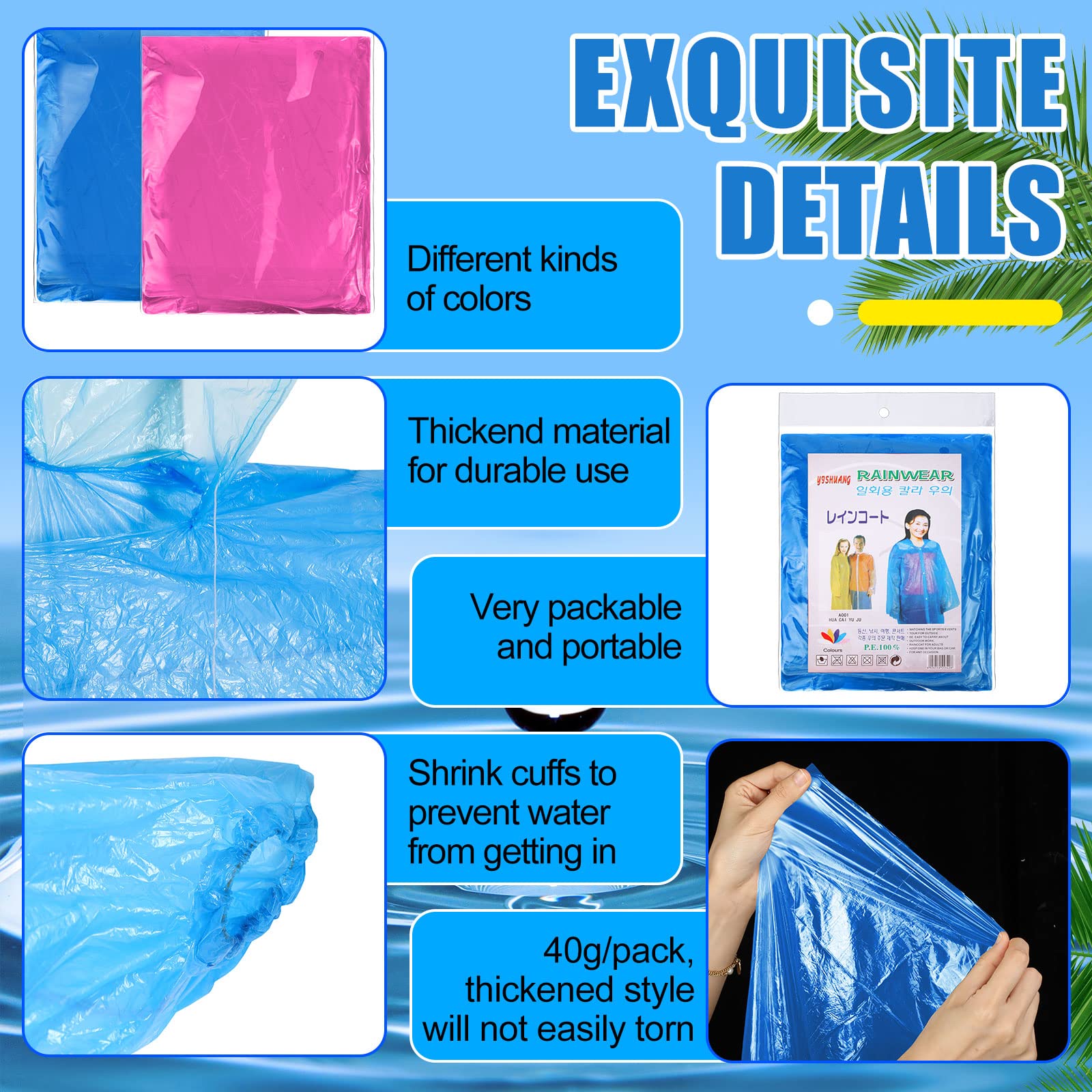 Handepo 100 Pack of Adult Rain Ponchos with Hood Disposable Rain Ponchos Plastic Emergency Raincoat Poncho for Adult Men Women