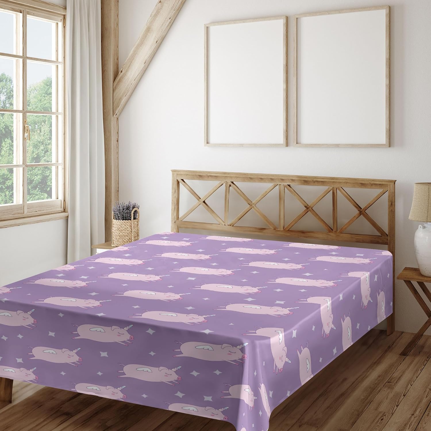 Ambesonne Cartoon Flat Sheet, Sleeping Pigs with Wings and Unicorn's Horn Animals Cartoon Pattern, Soft Comfortable Top Sheet Decorative Bedding 1 Piece, Full Size, Pale Pink Pale Purple