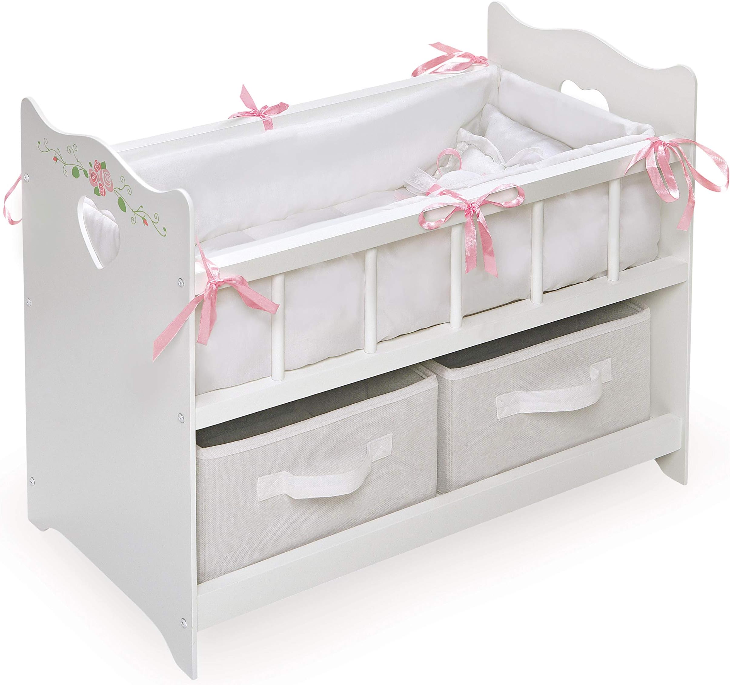 Wooden Doll Bed with Bed Liner, Pillows and Two Storage Baskets - Fits 18" Dolls - Ideal for Pretend Play and Baby Doll Fun - White/Rose Design with Free Personalization Kit