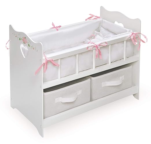 Badger Basket Wooden Doll Bed with Storage Baskets & Pillows - White/Rose | Fits 18–20" dolls; includes bedding, 2 storage baskets, wood construction & personalization decal kit.