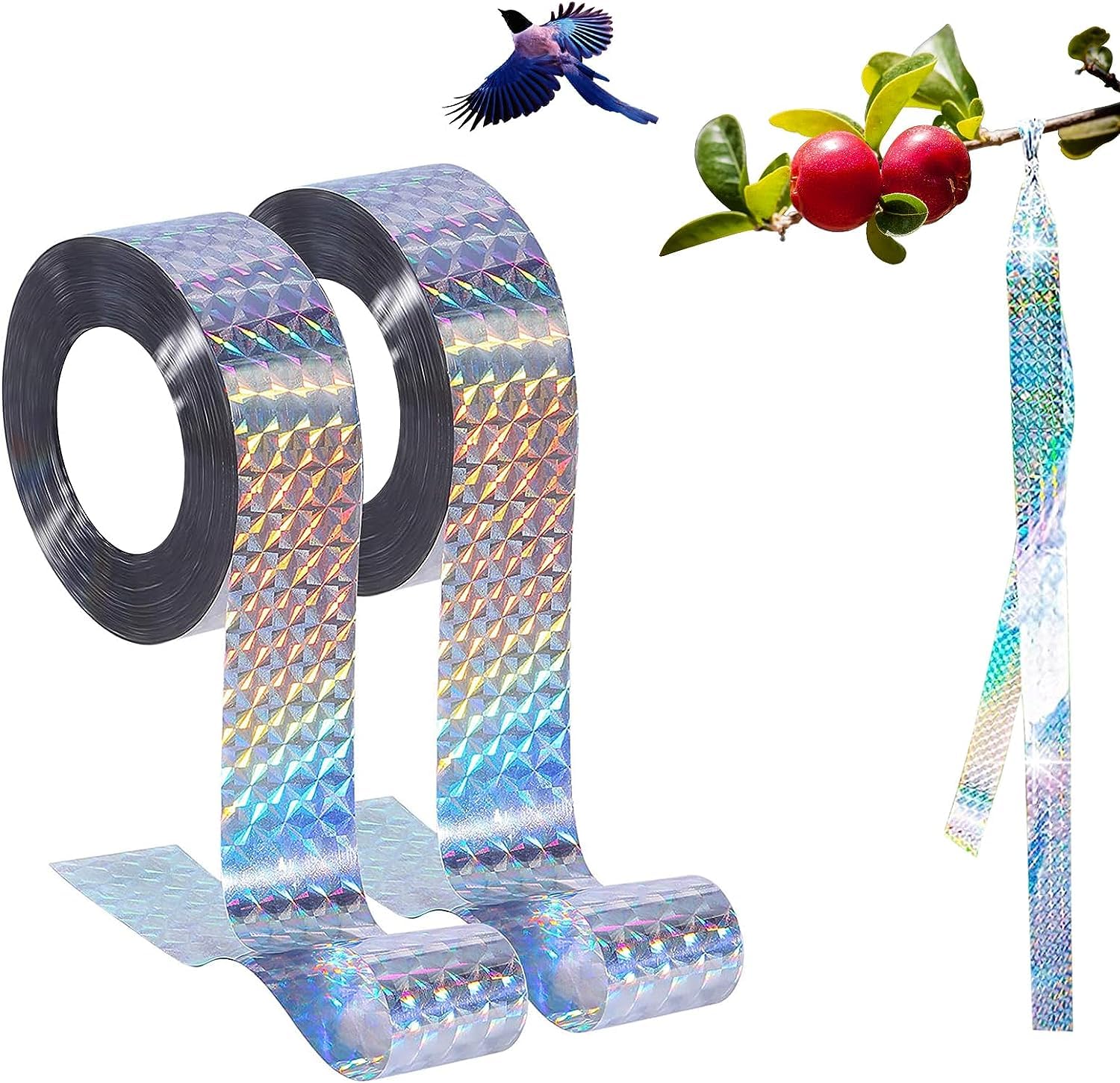 HEXONIQ® Bird Scare Tape, 328ft Double Sided Bird Repellent Deterrent Tape Reflective Holographic Bird Scare Flash Tape for House Garden Pigeon Gulls Crows Starlings Swallows (2.4 cm * 100 m, 2)