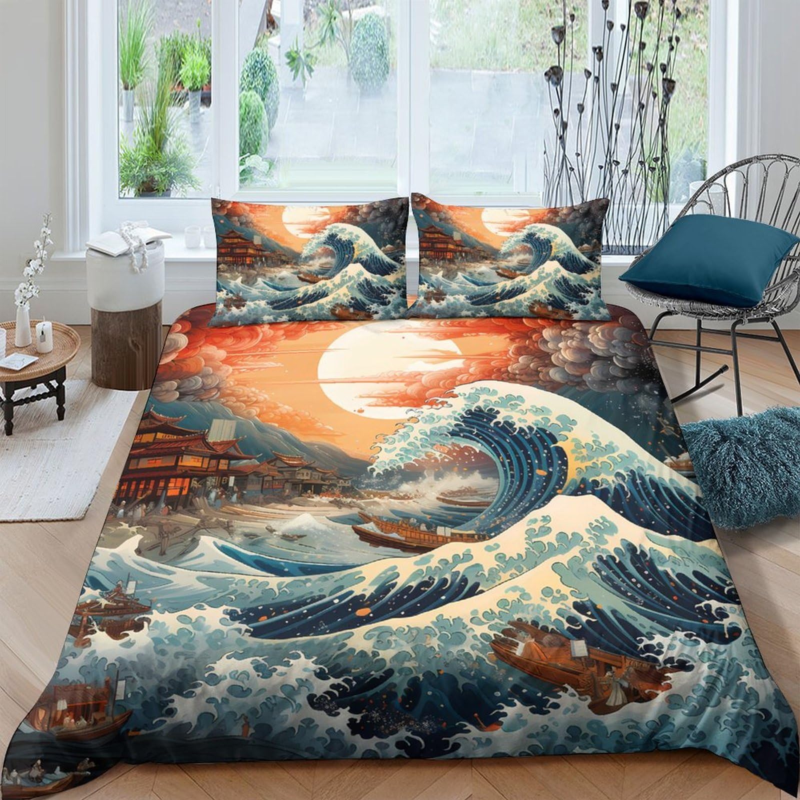 GPLZQXKJNH 3D Printed Great Wave Duvet Cover Microfiber Sunset Ocean Bedding Set with 2 Pillowcases for Bedroom Apartment Decor Single（135x200cm）