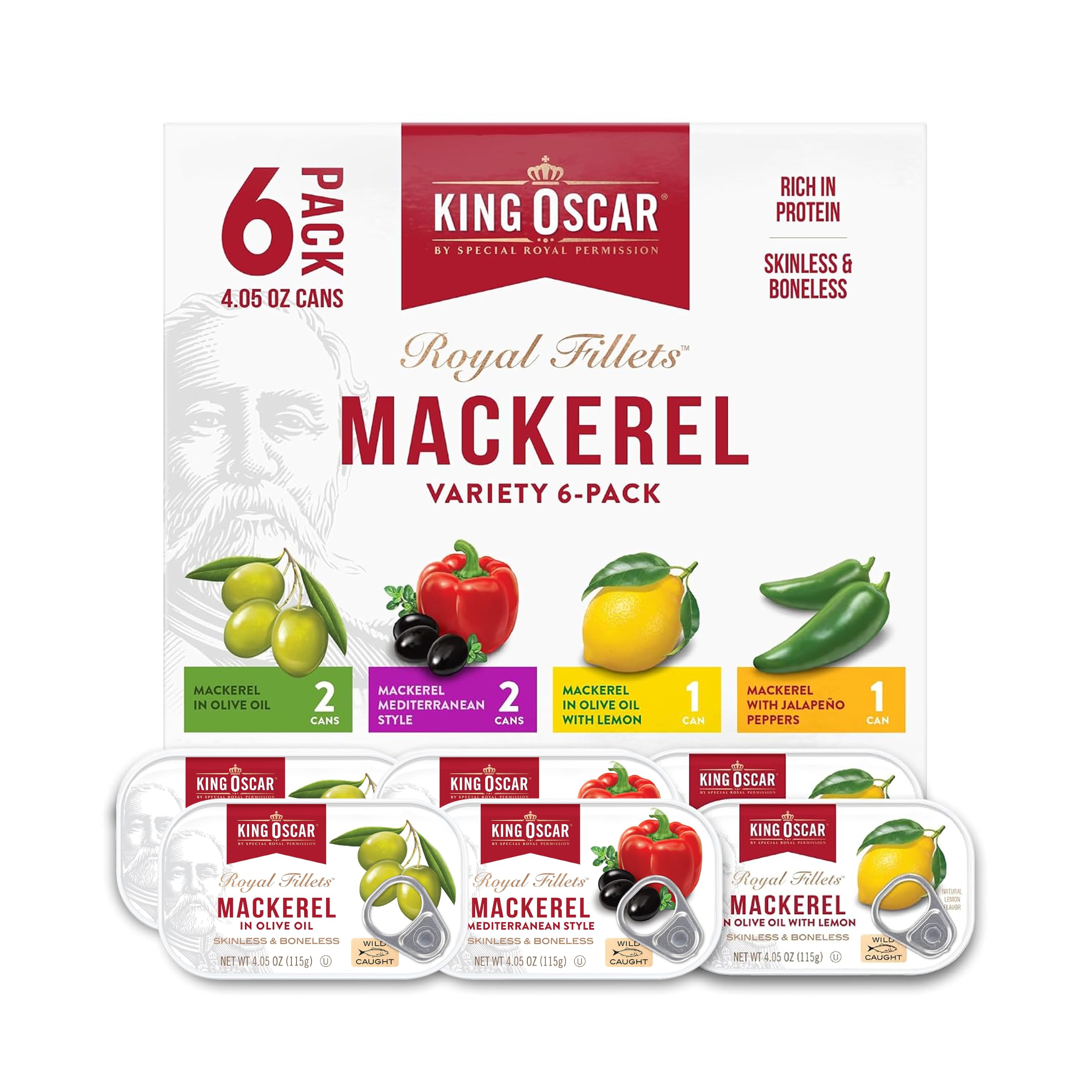 King Oscar Skinless & Boneless Mackerel Variety Pack, 4.05-Ounce Cans (Pack of 6), Skinless & Boneless, Wild Caught Canned Mackerel