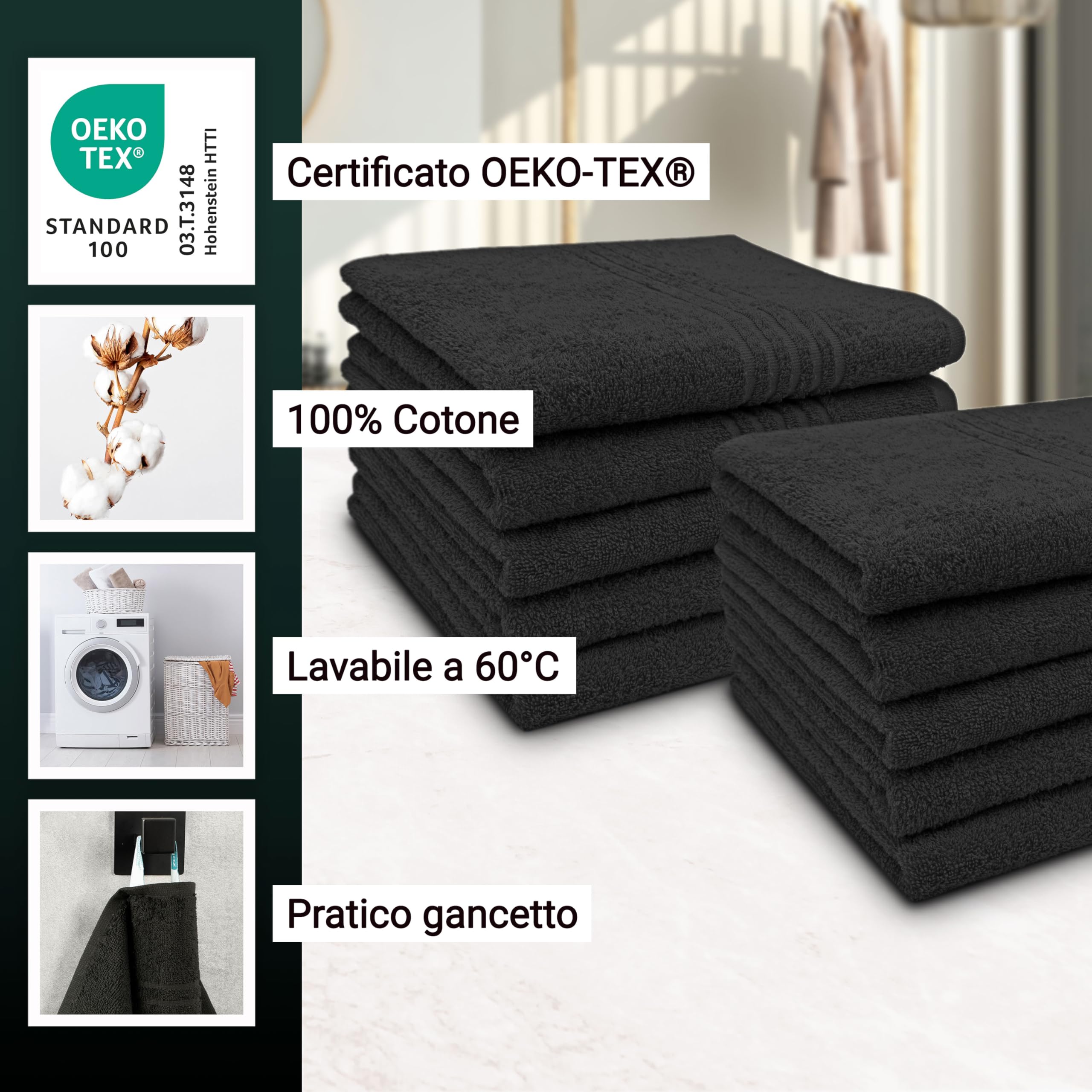 ZOLLNER 10 asciugamani da bagno, teli mani 50x100, nero - con gancetto - lavabili a 60°C - cotone - qualità d'albergo