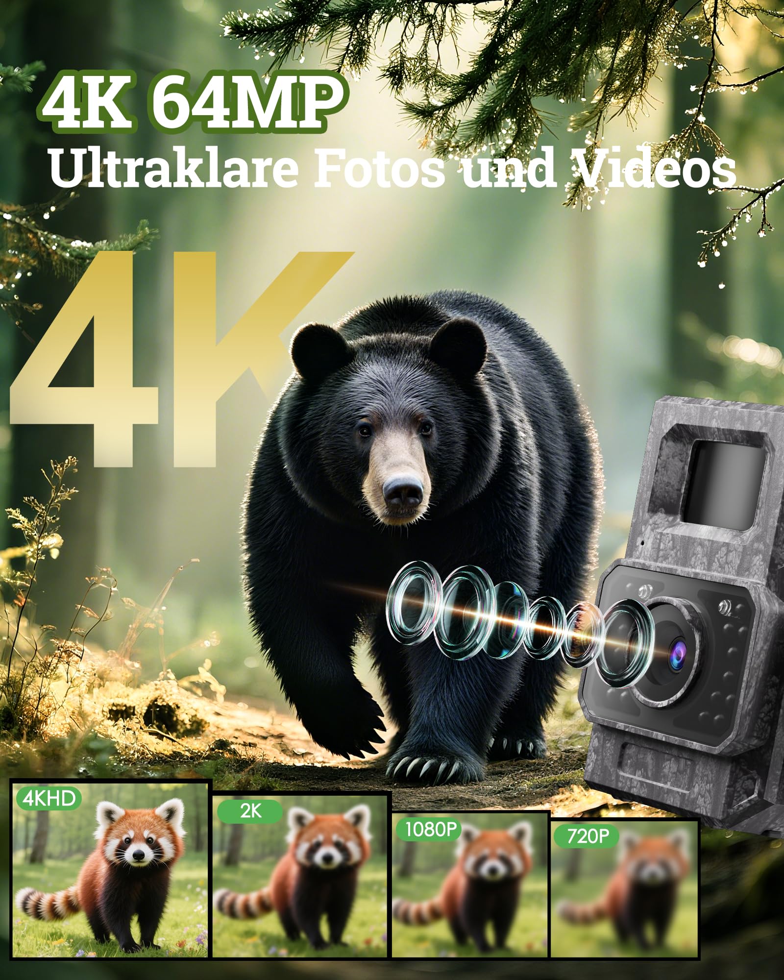 MAXDONE Wildkamera Solar WLAN mit Handyübertragung App - 4K 64MP Wildtierkamera Bluetooth mit Bewegungsmelder Nachtsicht 6000mAh Lithium-Batterie, 32GB SD-Karte, Nachtsichtkamera IP66