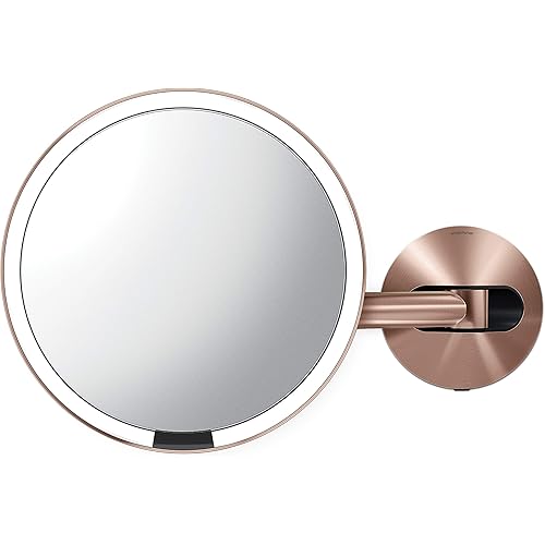 simplehuman 8" Round Wall Mount Sensor Makeup Mirror, 5x Magnification, Hard-Wired (100-240v), Rose Gold Stainless Steel