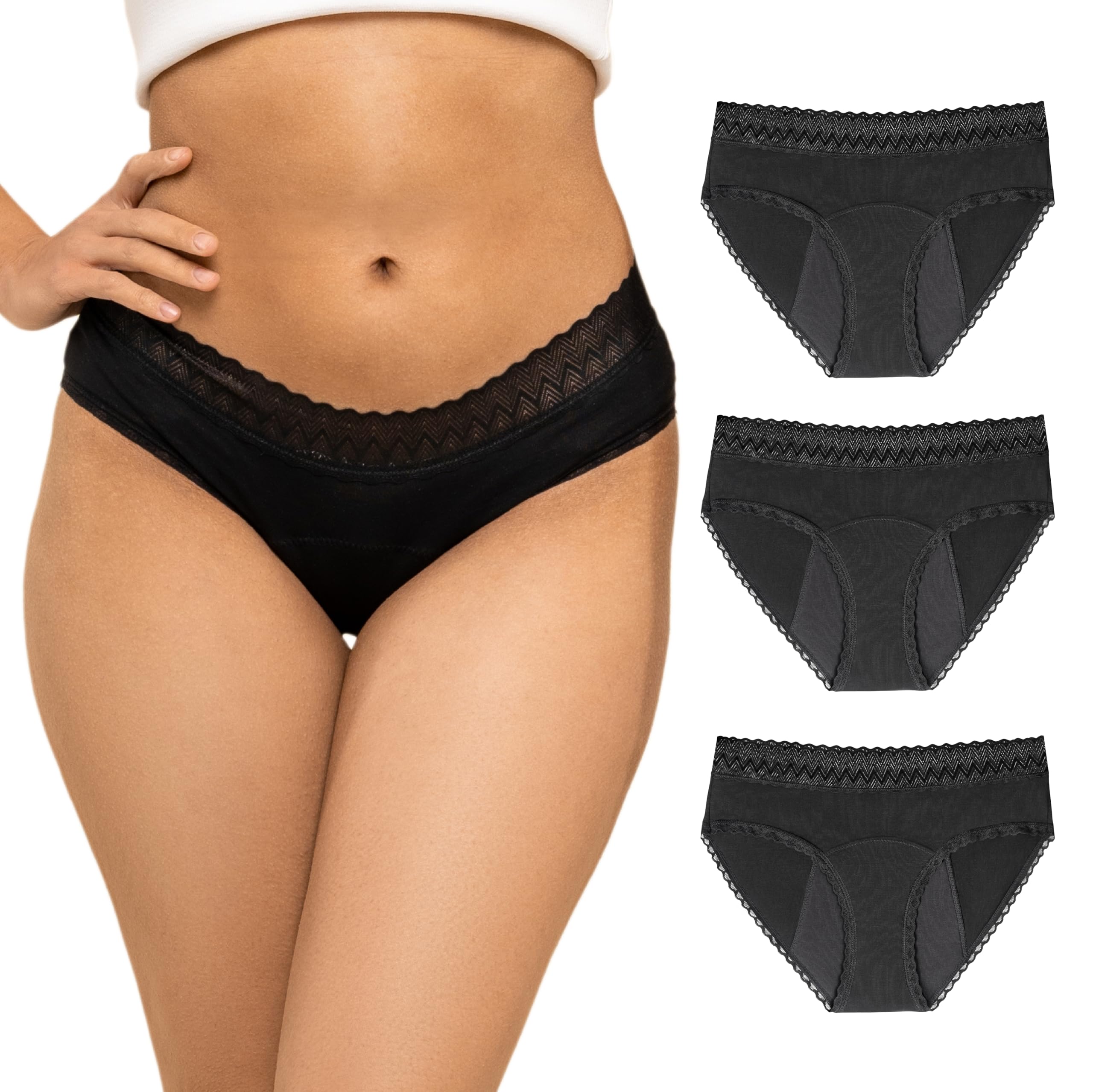 ZENAPHYR 3er Set Perioden Unterhosen Schwarz Bio Baumwolle - Waschbare Saugfähige Menstruationsunterwäsche