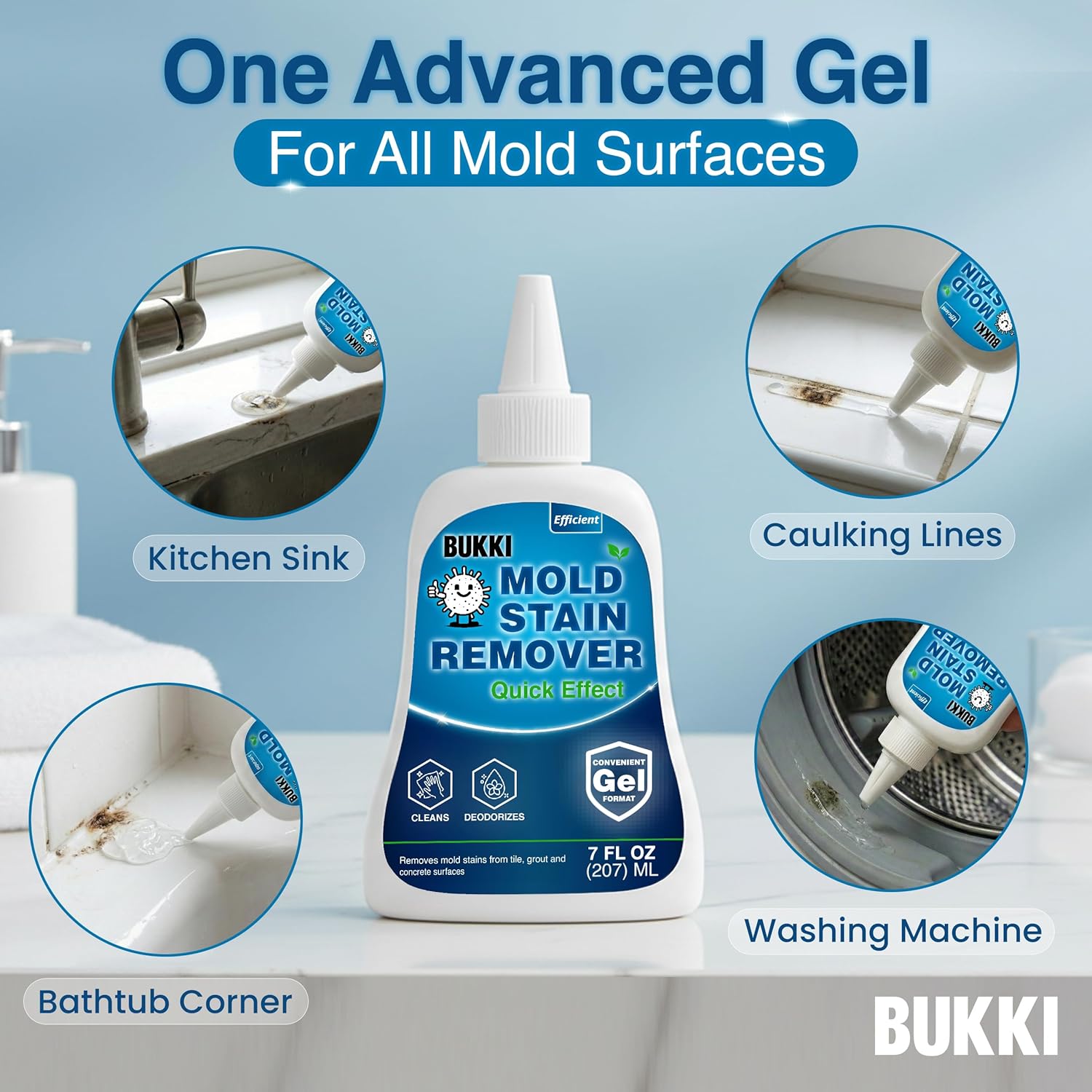 BUKKI Mold Stain Remover Gel 150g 7 FL OZ, Thick Cleaning Gel for Shower Grout, Washer Seals, Walls Caulk, Bathroom Stain Cleaner and Stain Support Surface Gel