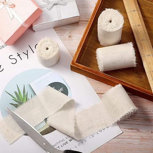 Miniatura 5 de 4 rollos de cinta de lino y algodón de 16 yardas, tamaño mixto, hecha a mano, con flecos, tela deshilachada, bordes deshilachados, cinta de lino