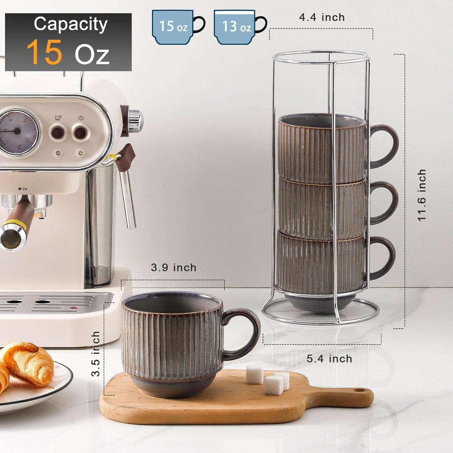 HASENSE Porcealin Coffee Mugs, Stackable Coffee Cups Set of 4 with Stand - 15 oz Large Ceramic Ribbed Latte Cup Set for Cappuccino, Tea, Hot Cocoa, Drinks - Dishwasher & Microwave Safe, Brown