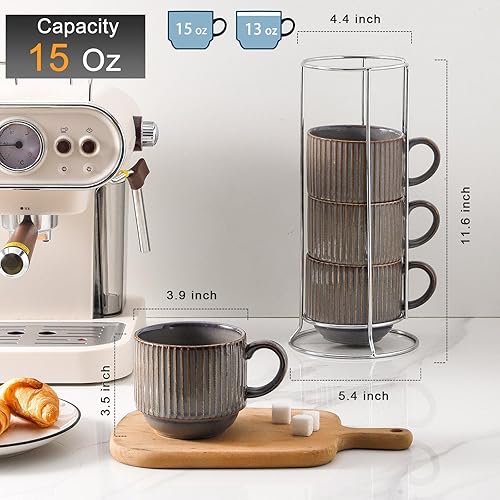 Vista 58 de Hasense Juego de 4 tazas de café de cerámica con soporte, 15 onzas, apilables, grandes, de porcelana, acanaladas, para capuchino, té, cacao