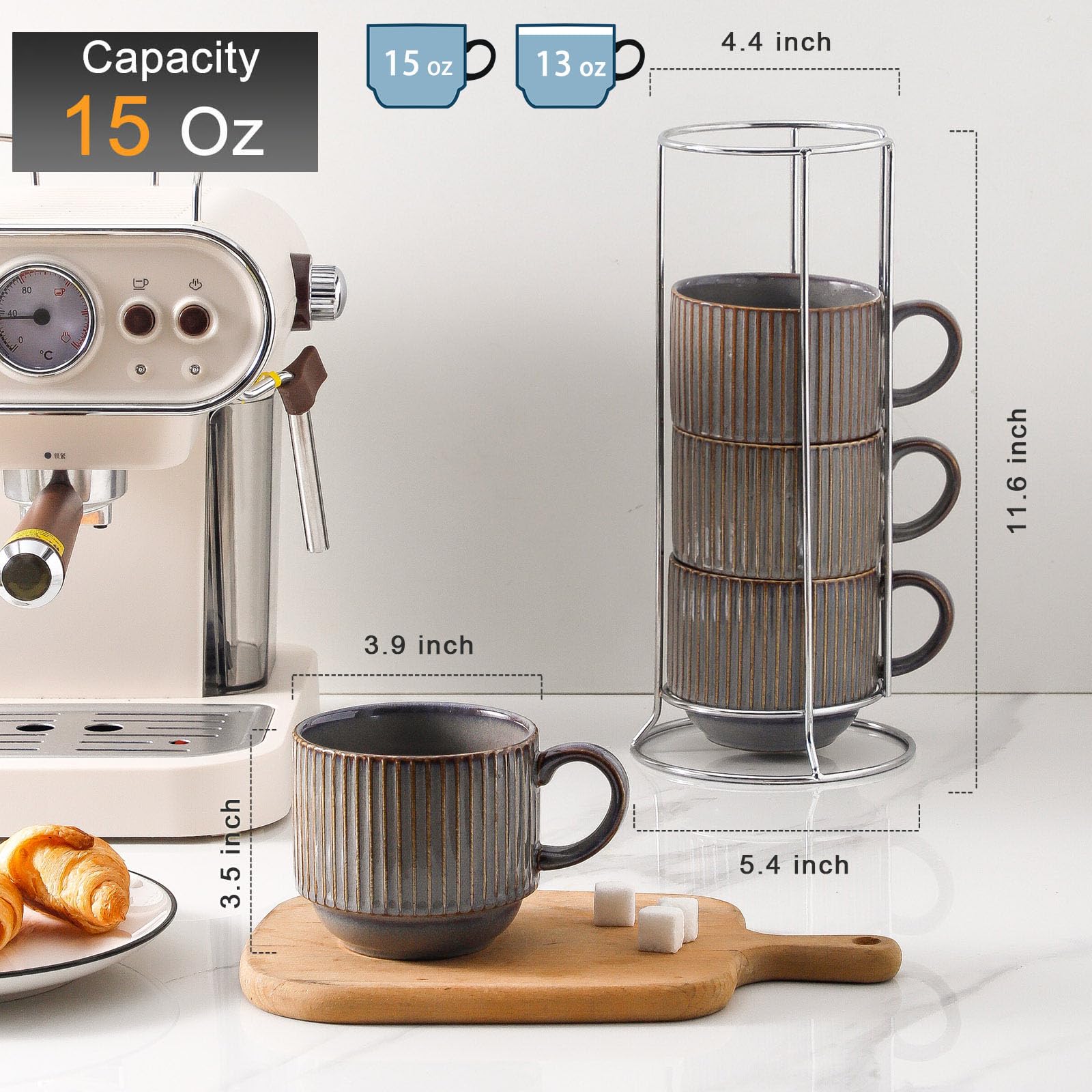 Hasense Porcealin - Juego de 4 tazas de café apilables con soporte, juego de 4 tazas grandes de cerámica acanalada para capuchino, té, cacao caliente, bebidas, aptas para lavavajillas y microondas,
