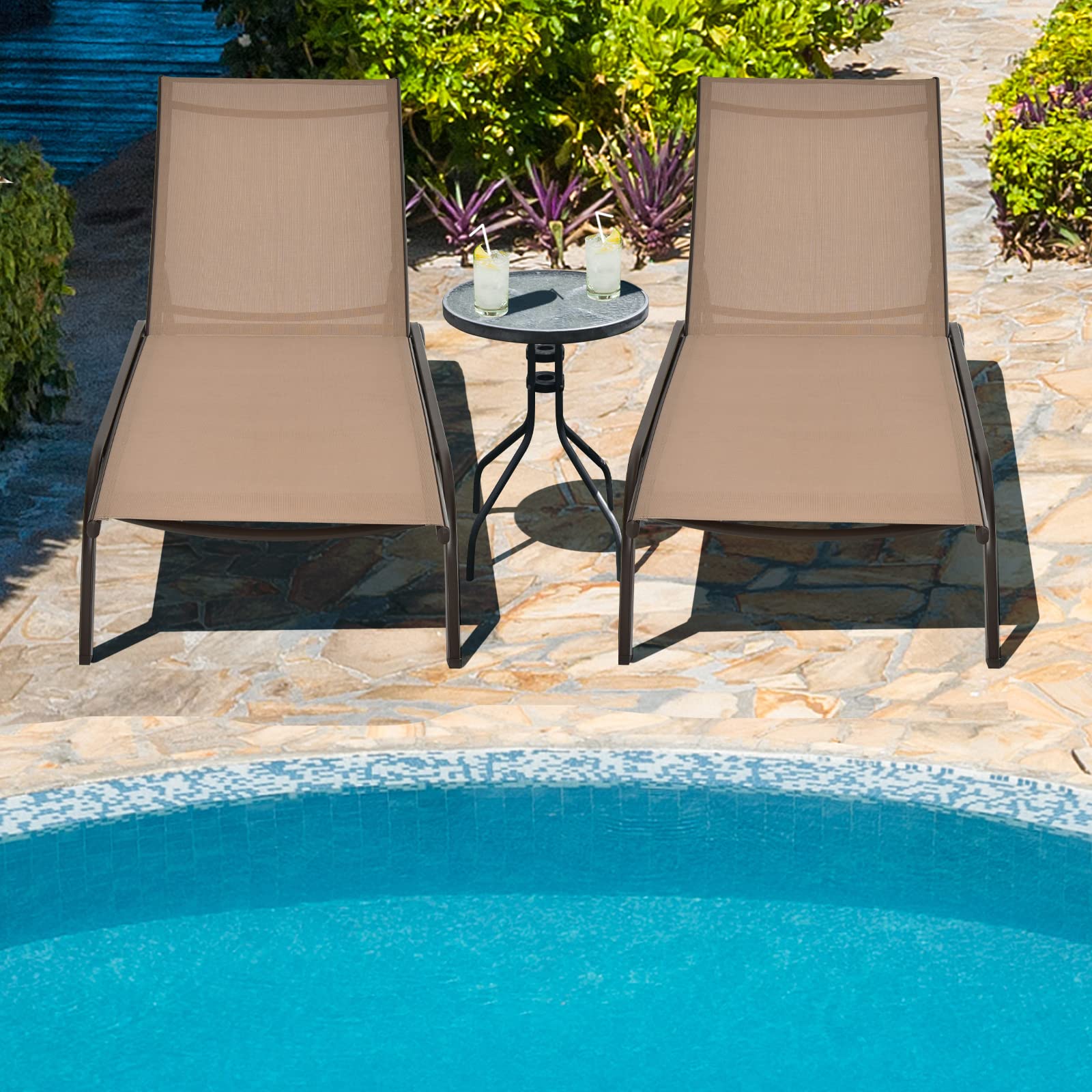 COSTWAY Tumbona de Jardín con Respaldo Reclinable, 6 Posiciones, Tumbona con Ruedas, Tela de Texileno, 164,5 x 61 x 34cm, Terraza, Balcón, Playa, Piscina (café)