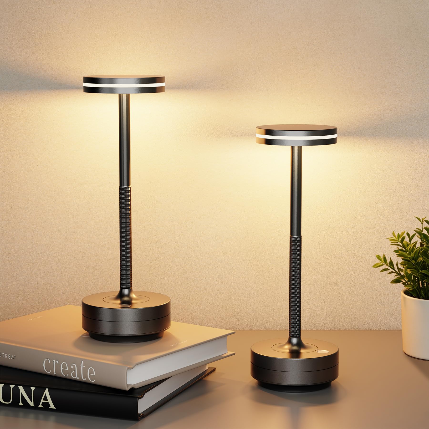 2 Stück Aluminium LED Tischlampe Kabellos, IP54 Wasserdicht 5000mAh Tischleuchte Kabellos mit Memory Funktion, Nachttischlampe Touch ohne Kabel mit 3 Farbtemperatur für Abendessen Restaurant (Schwarz)