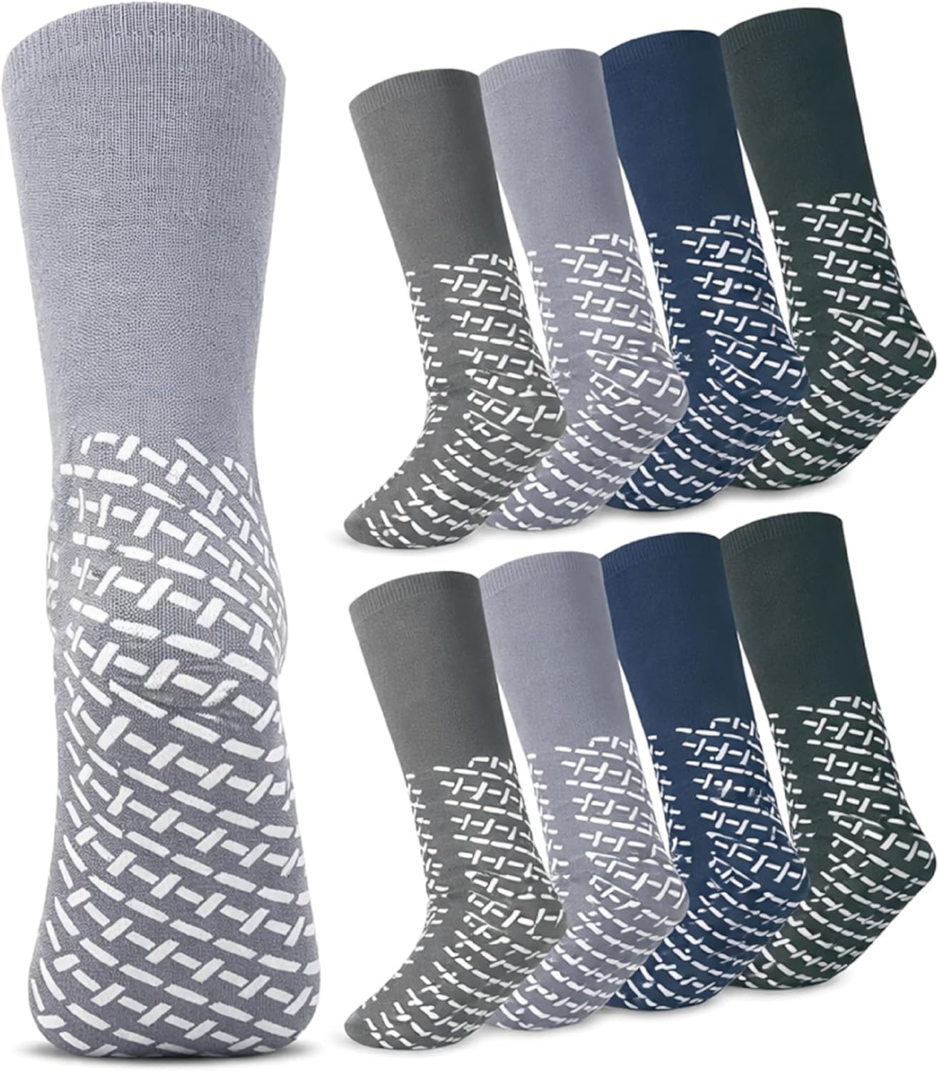 8 Pair Extra Width Hospital Sock for Men with Grip, Winter Non Slip Warm for Diabetic Patient Elderly Nurse