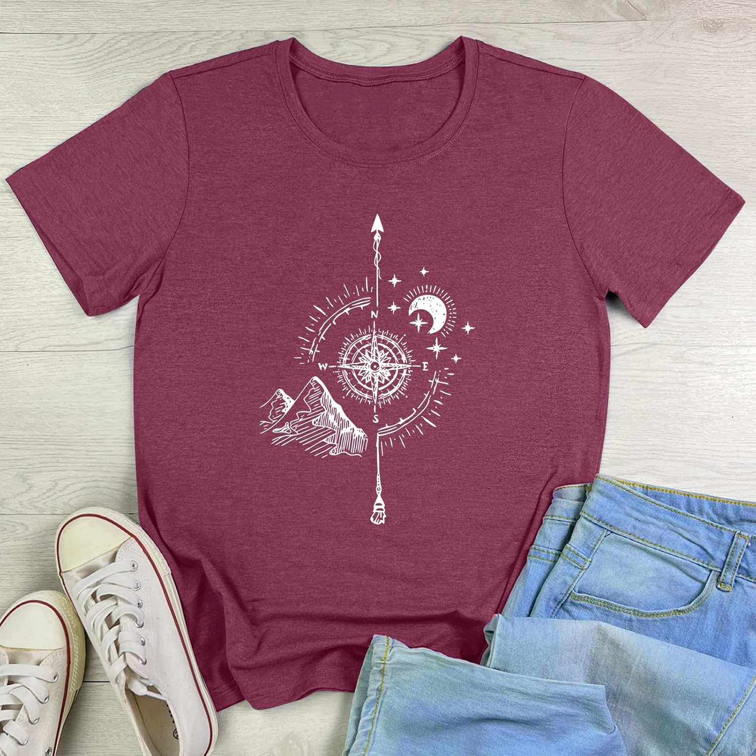 YITAN Women Soft Cute Tops Compass Graphic Tees - Image 2
