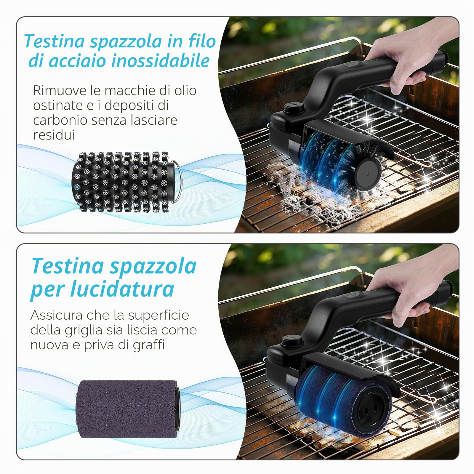 Spazzola Elettrica per Barbecue, Spazzola Ricaricabile per la Pulizia Del Griglia Senza Fili con 3 Velocità e 2 Testine, 180° Regolabile Setole Acciaio Inox Strumento di Pulizia per BBQ Griglia