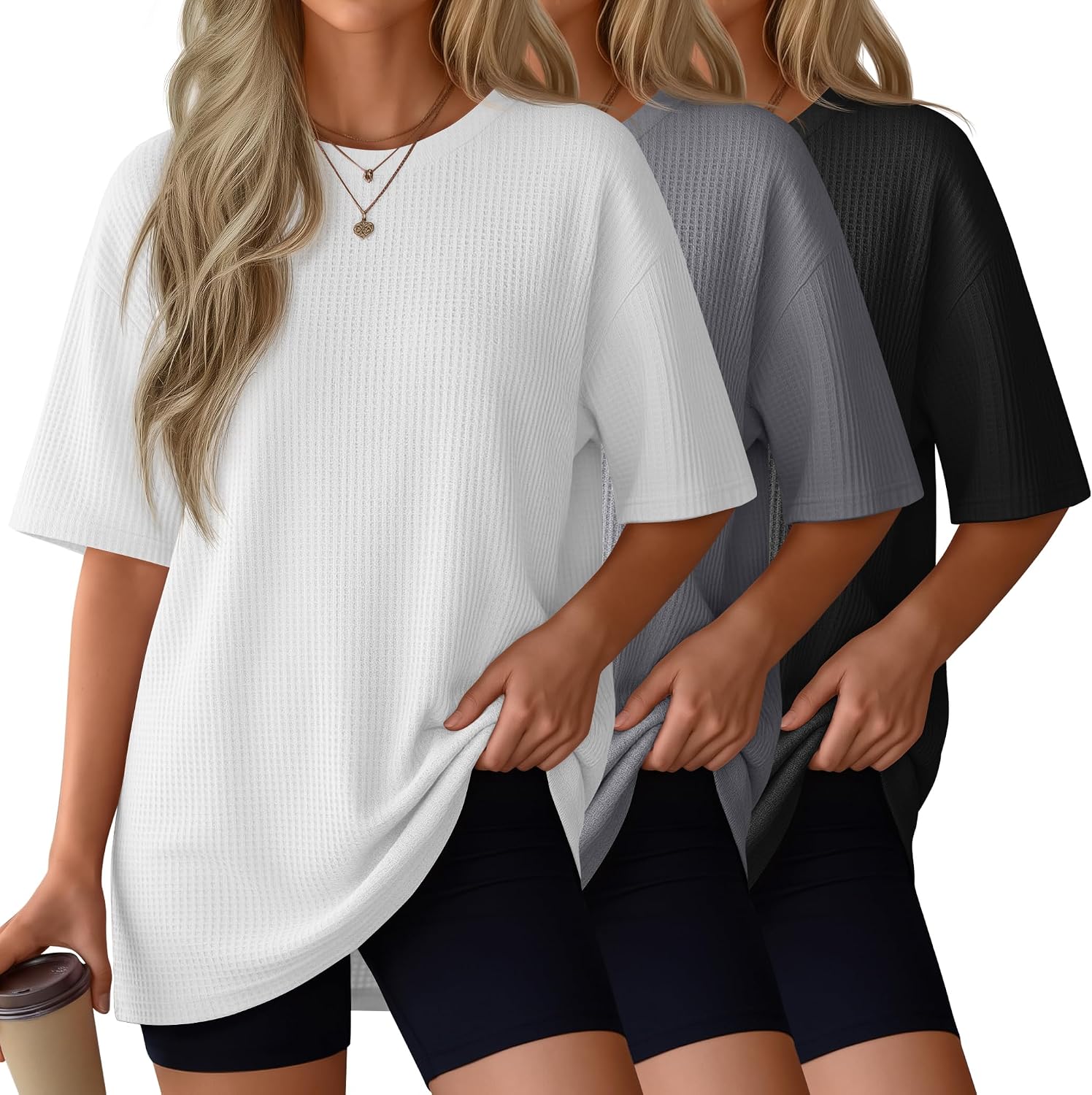 Oakgarden 3 Pack Women's Oversized Waffle Knit T Shirts Half Sleeve Crewneck Tops Casual Loose Drop Shoulder Fashion Tees