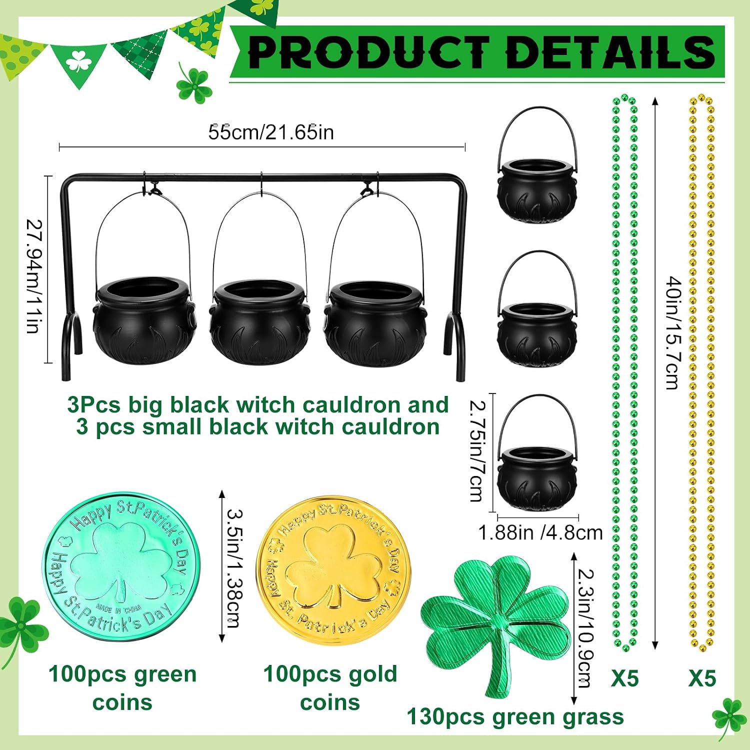Civaner 347 Pcs St Patricks Day Pot of Gold 6 Hanging Black Leprechaun Cauldron with Iron Rack 200 Plastic Gold Coins 10 Beaded Necklaces 130 Shamrock Confetti for Irish Table Party Decoration Supply image 3
