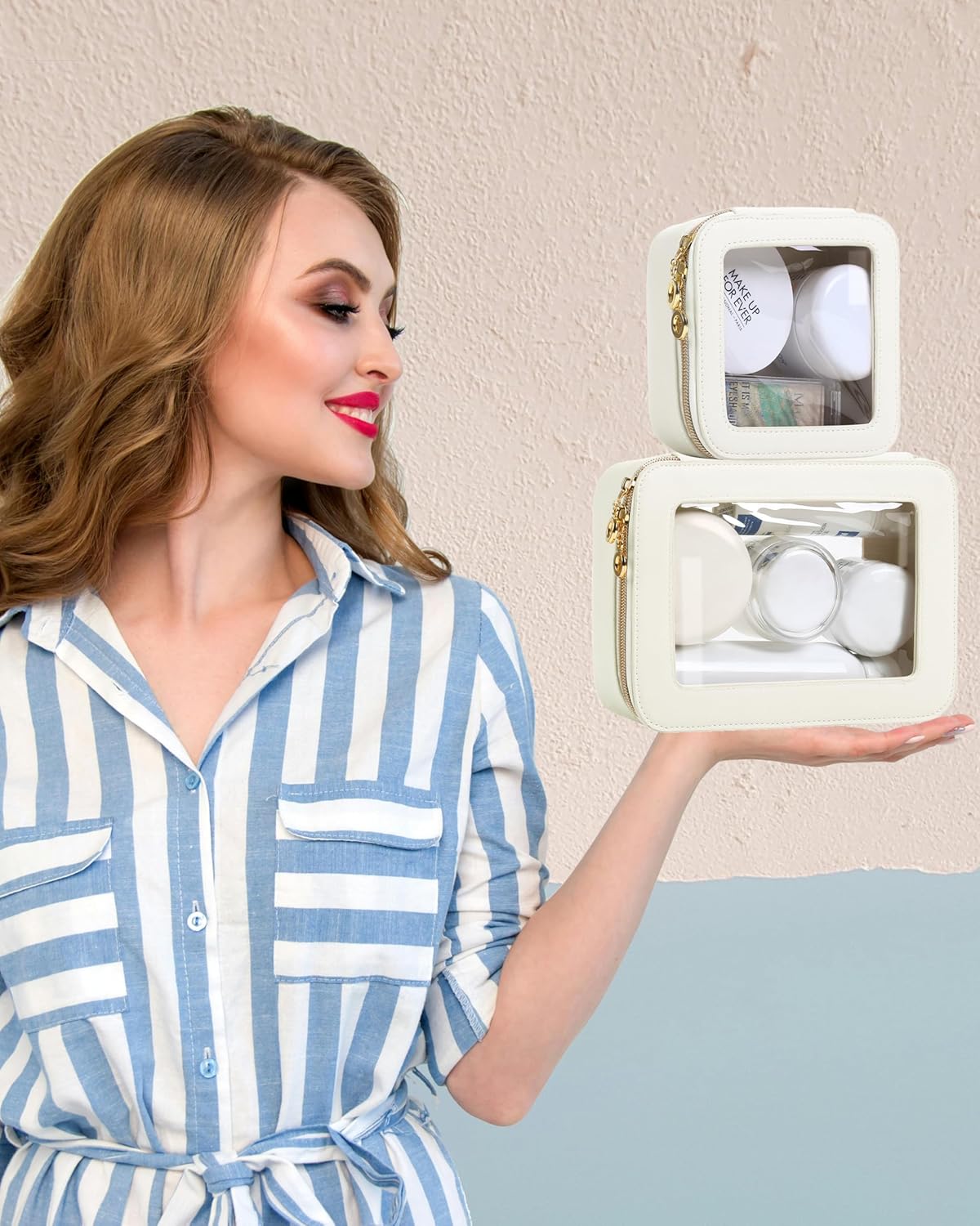 Leather Clear Makeup Bags Set - Travel Clear Cosmetic Bag Case with Zipper, Transparent TSA Approved Toiletry Bags for Travel Essentials Car Accessories for Women (White, S+M) - Image 2